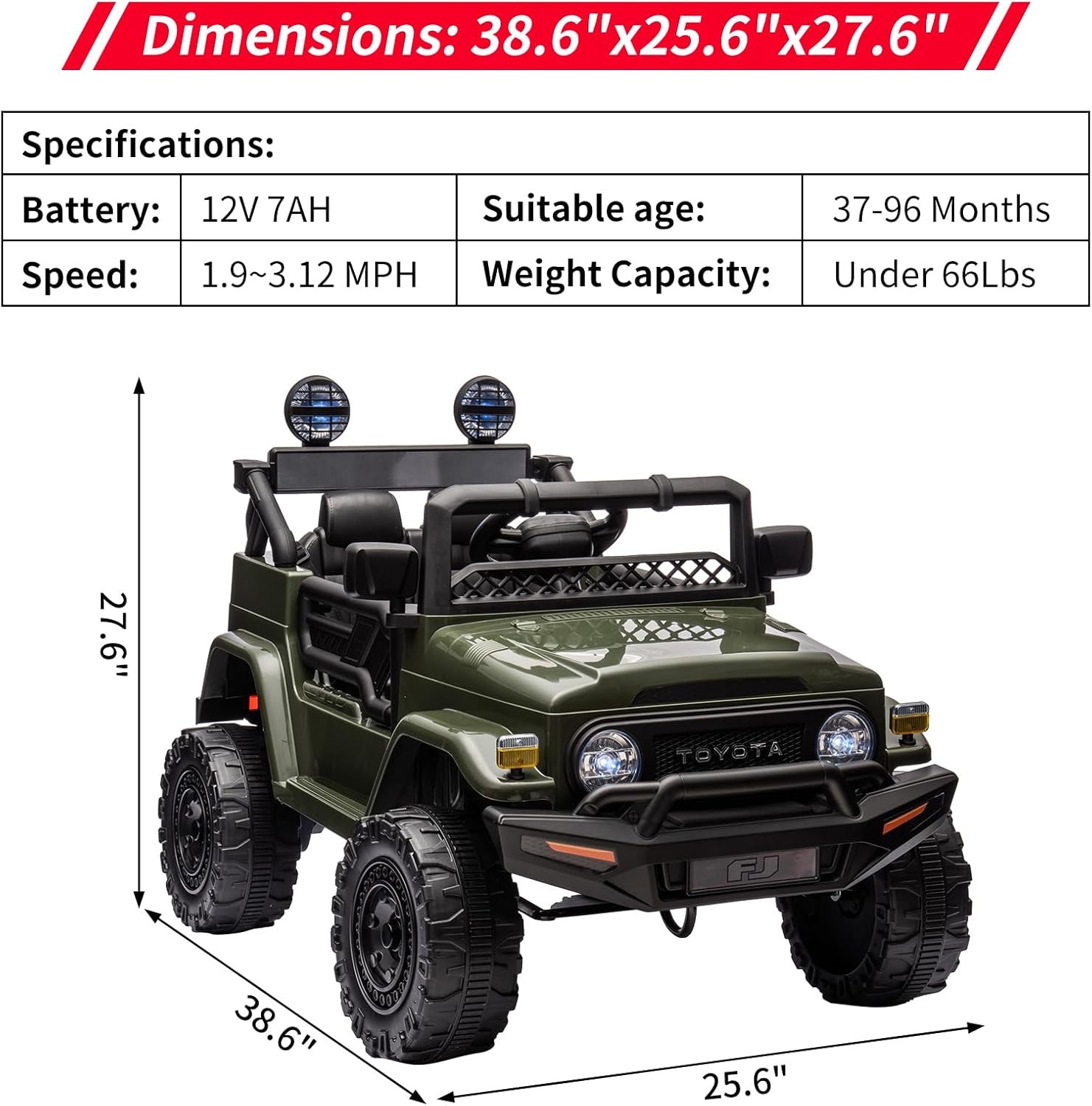 Toyota Licensed Ride-On Car 12V for Children 3-8 LED Lights MP3 Player Remote