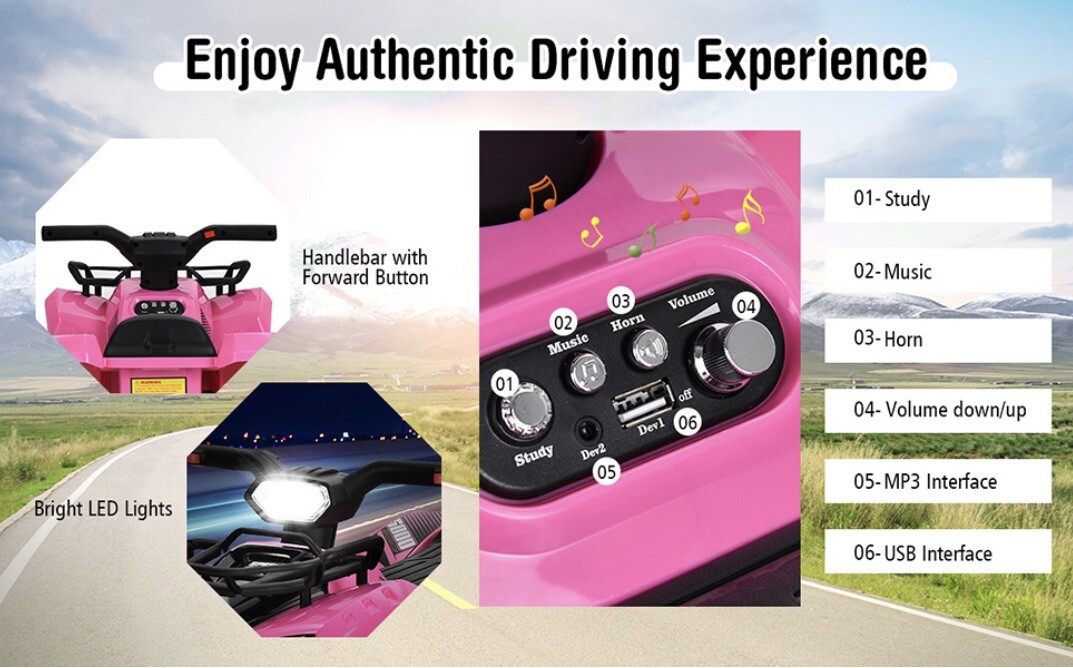 Pink Electric Kids ATV – Ride-On Car with LED Lights & MP3 Player
