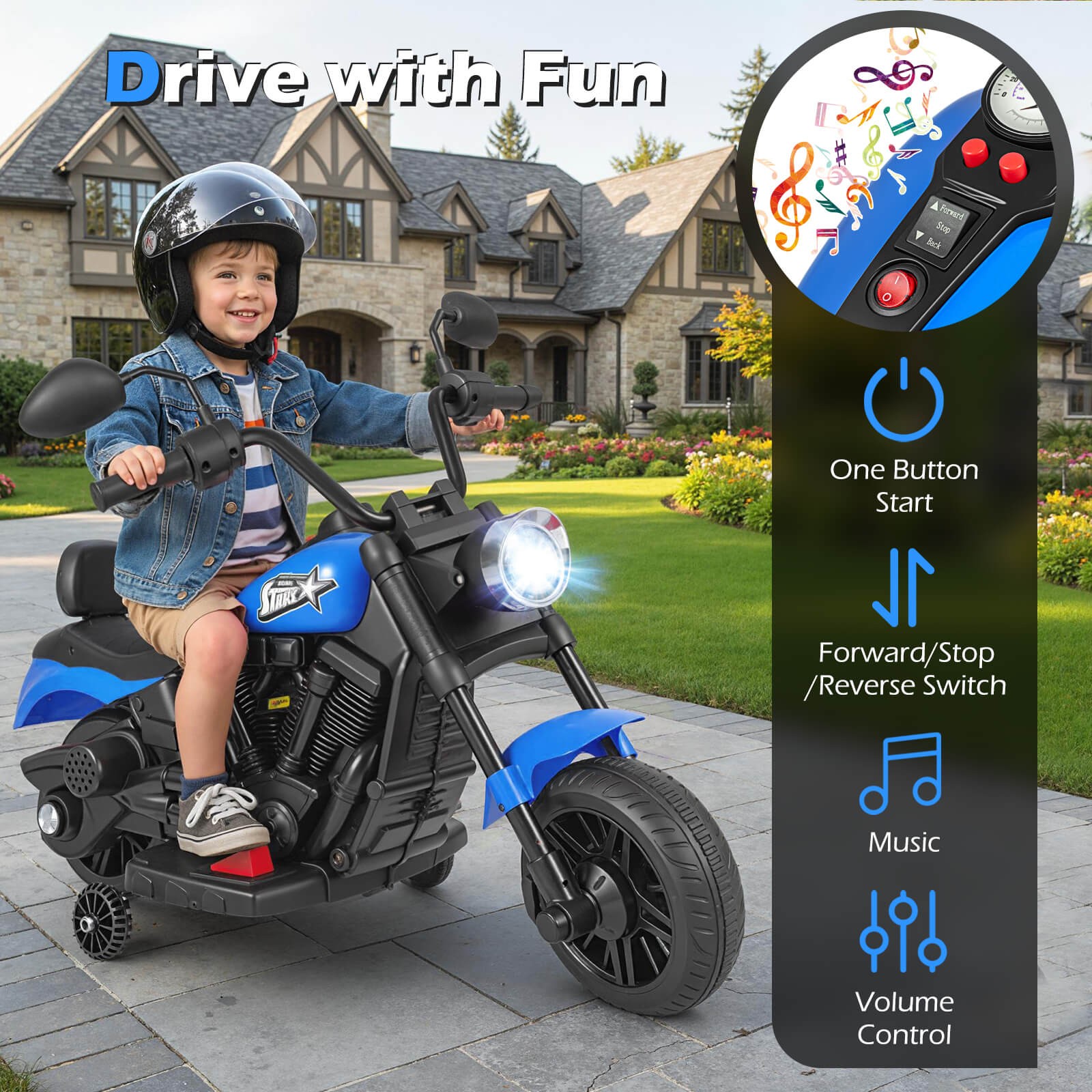 Kids Motorcycle w/Headlight, Music, Training Wheels, Foot Pedal for Boys Girls