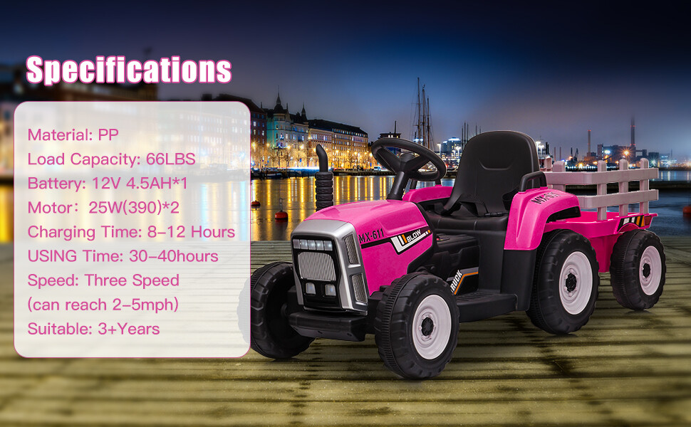 12V Electric Kids Ride On Tractor Battery Powered Toy w/ Trailer Christmas Gift