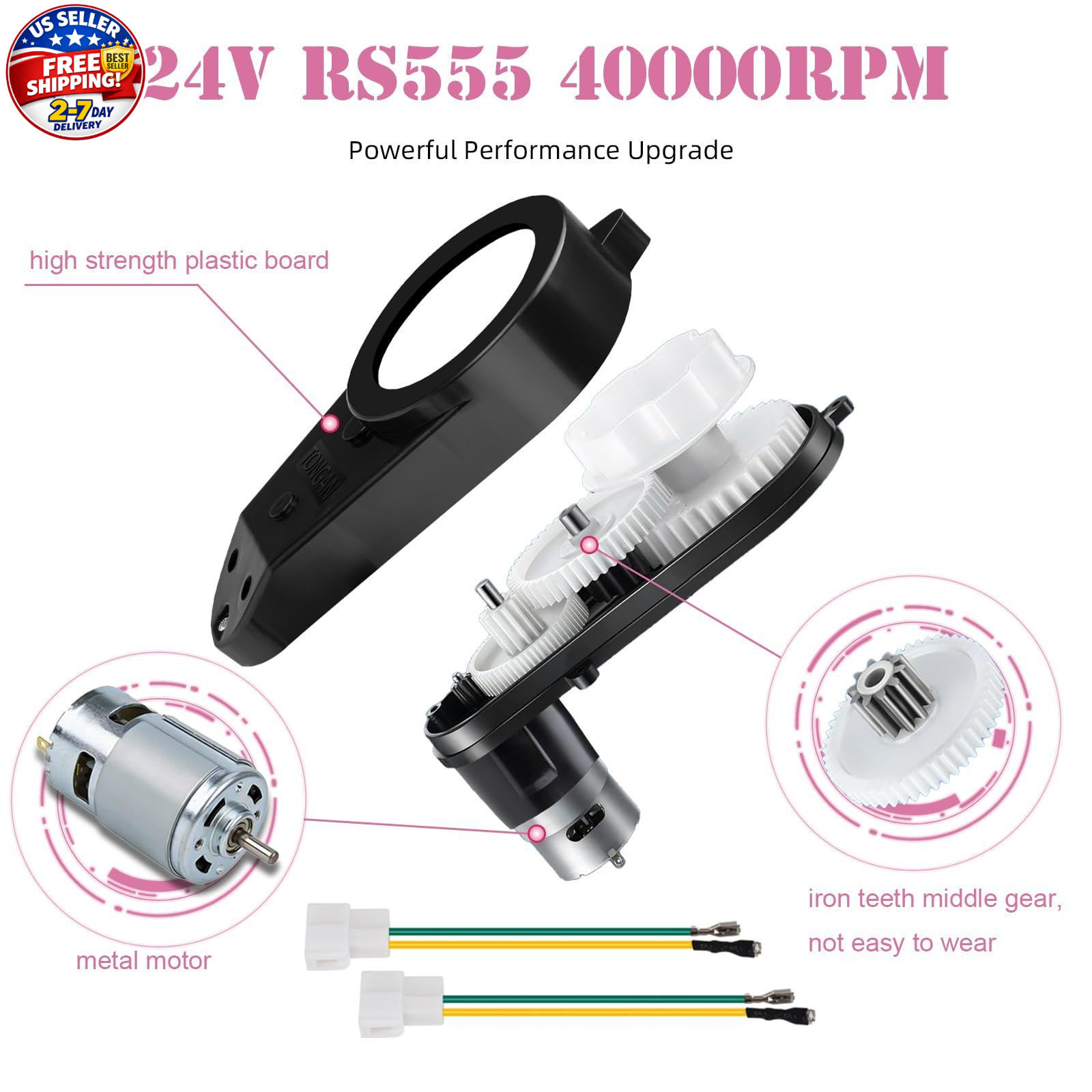 24V Motor Gearbox Replacement for Ride On Toys 2 PCS RS555 High Speed 40000RPM U