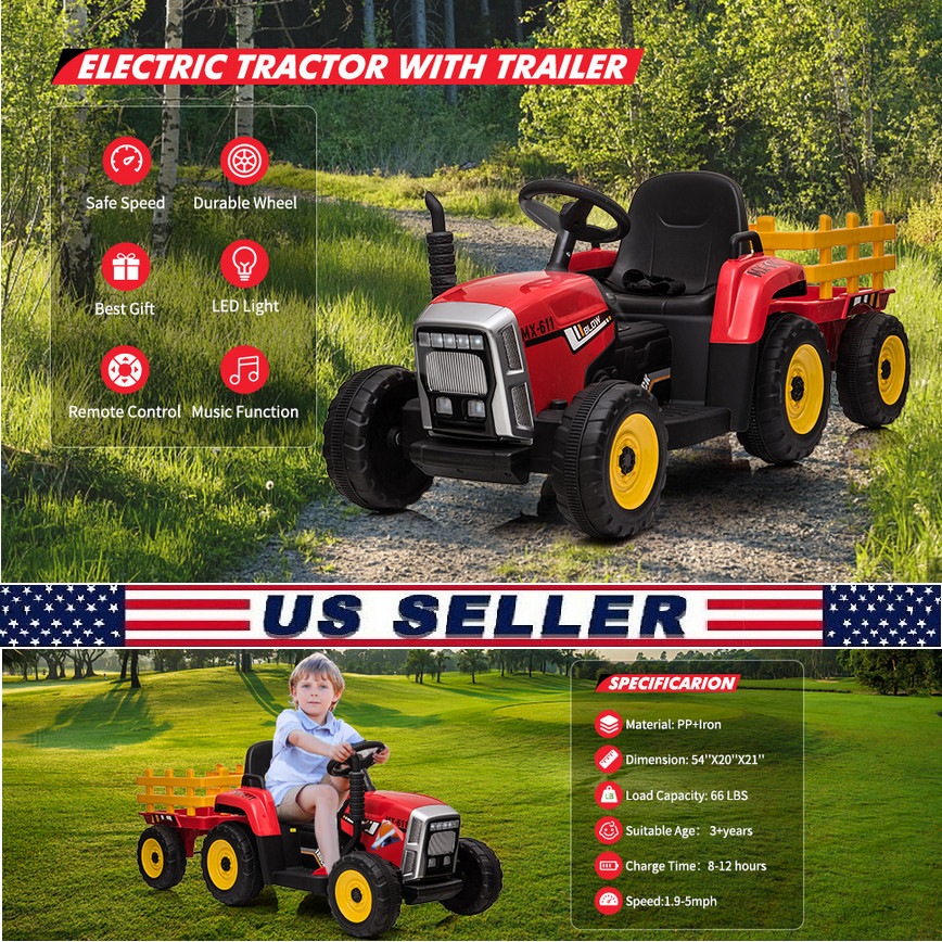 Kids Ride On Toys Car Tractor 12V Powered Electric w/Remote Control Kids Gift US