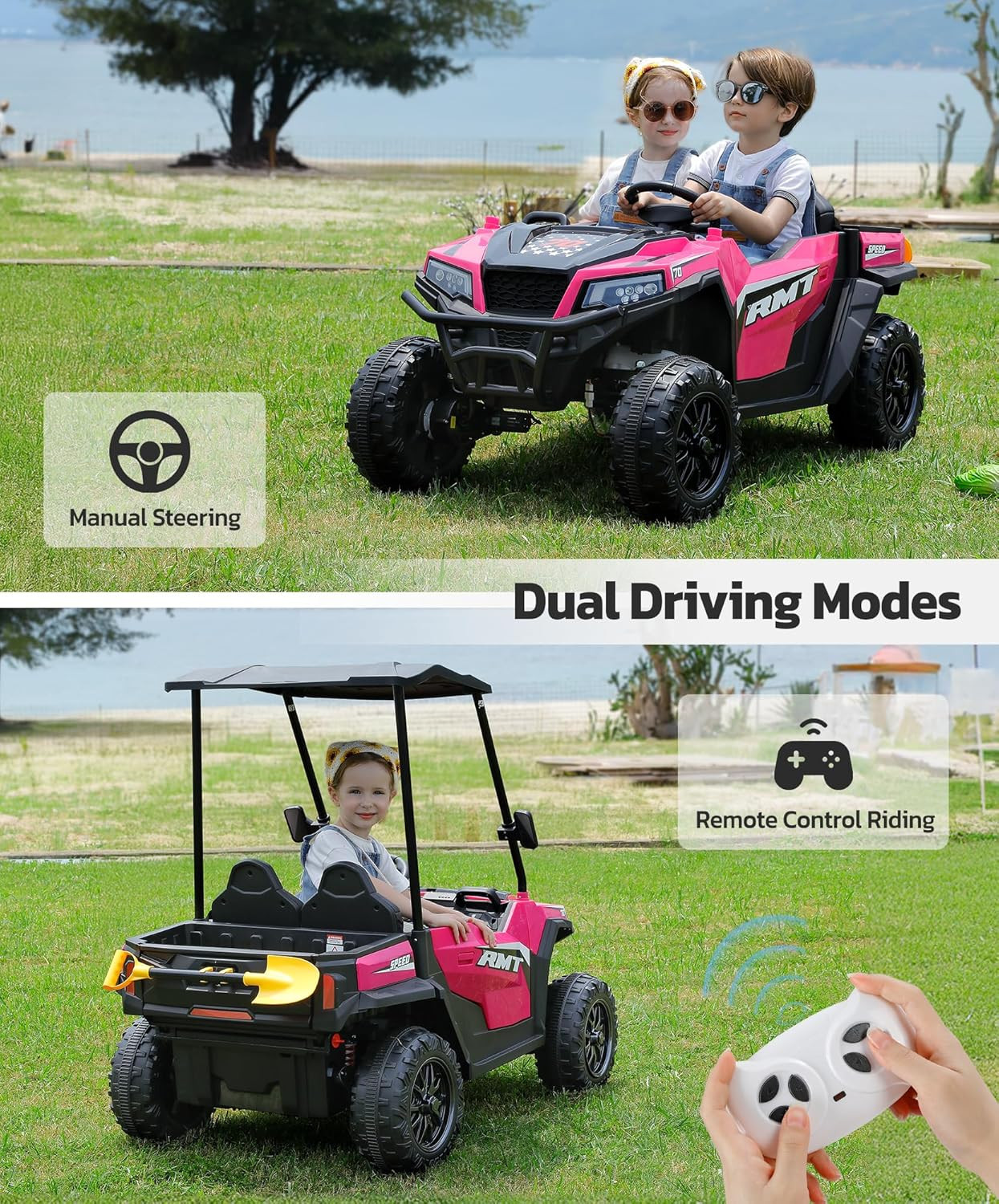 24V Ride on Toy for Big Kid,Ride on Car 2 Seater W/Sun Shade,Dump Bed & Shovel,4