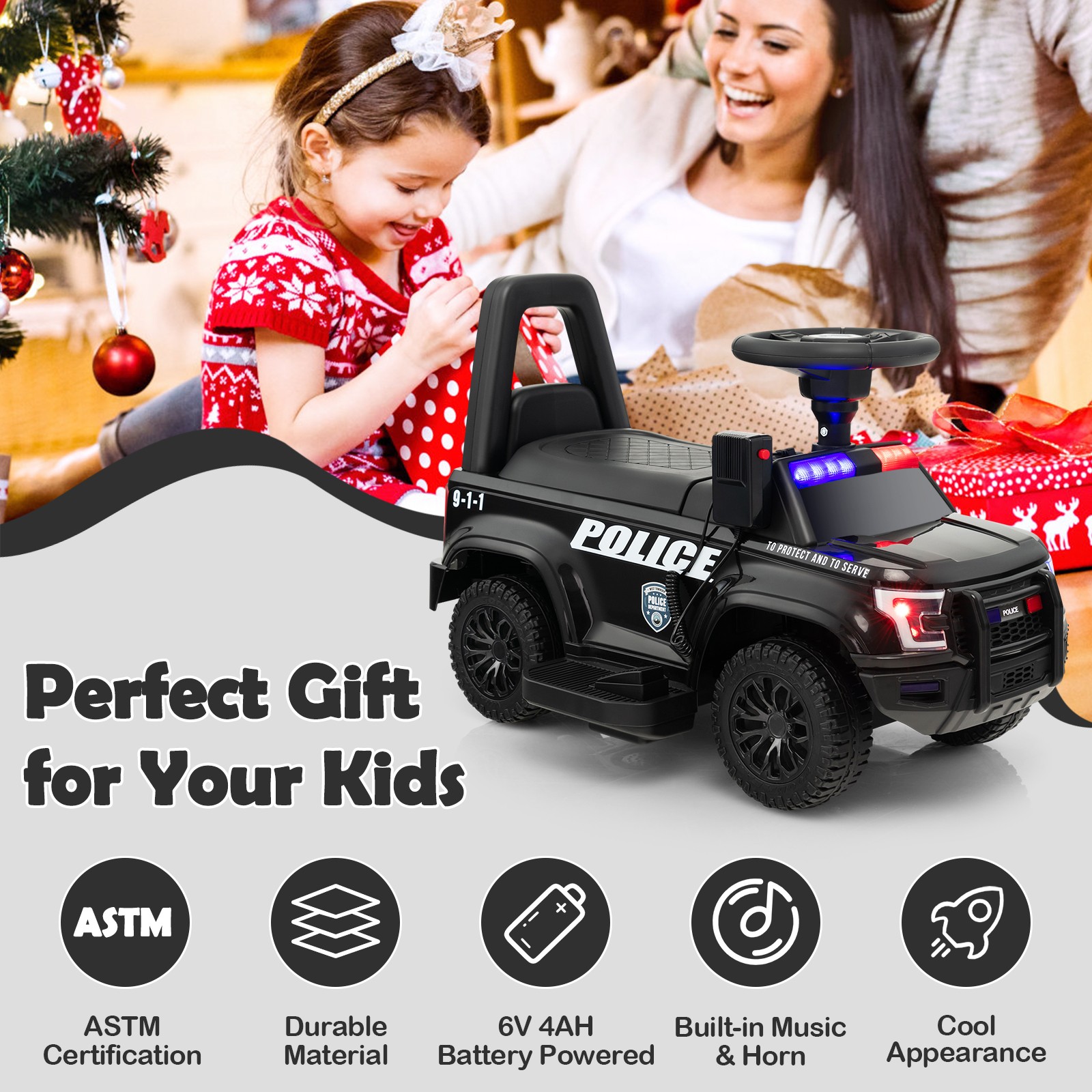 Kids Ride On Police Car 6V Battery Powered Electric Toy Vehicle w/Real Megaphone