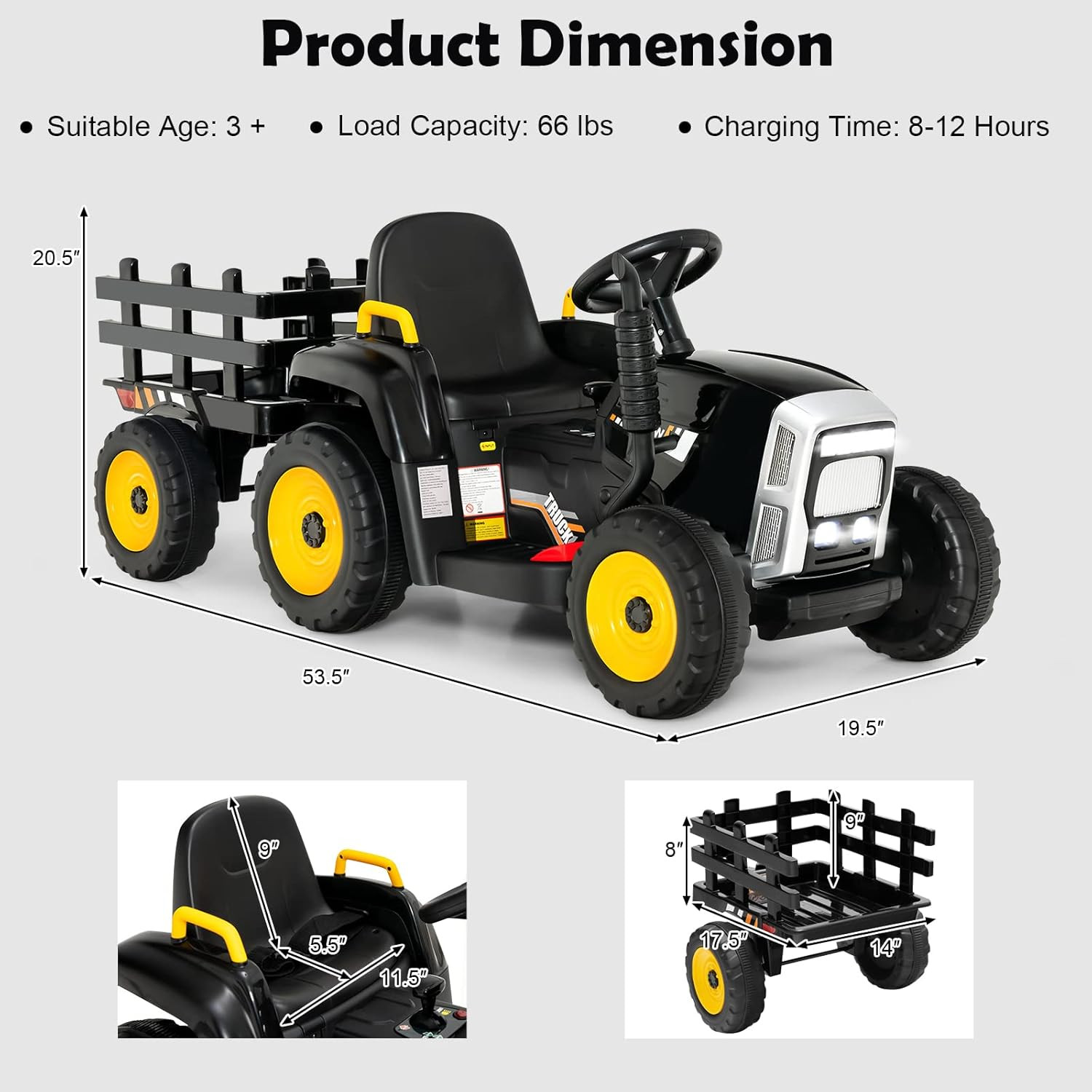 Ride on Tractor with Trailer, 12V Electric Vehicle for Kids, 3-Gear-Shift Ground