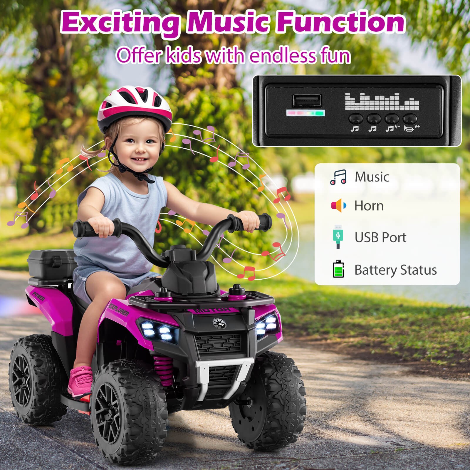 6V Kids Ride On ATV w/ Music & Spray Function USB Port Storage Box Toy Car