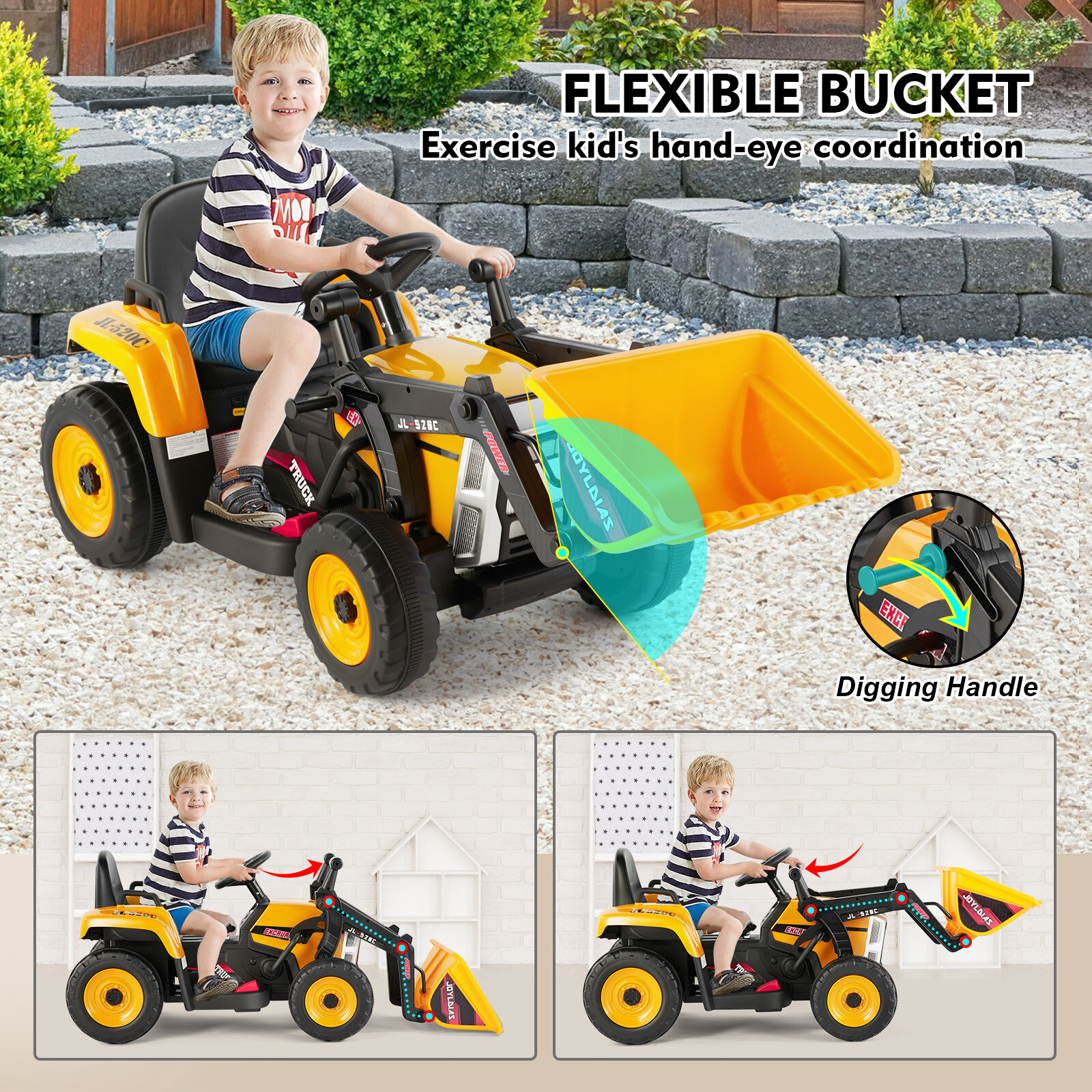 12V Battery Kids Ride On Excavator Digger Car with 3 Speed,Music,Remote Yellow