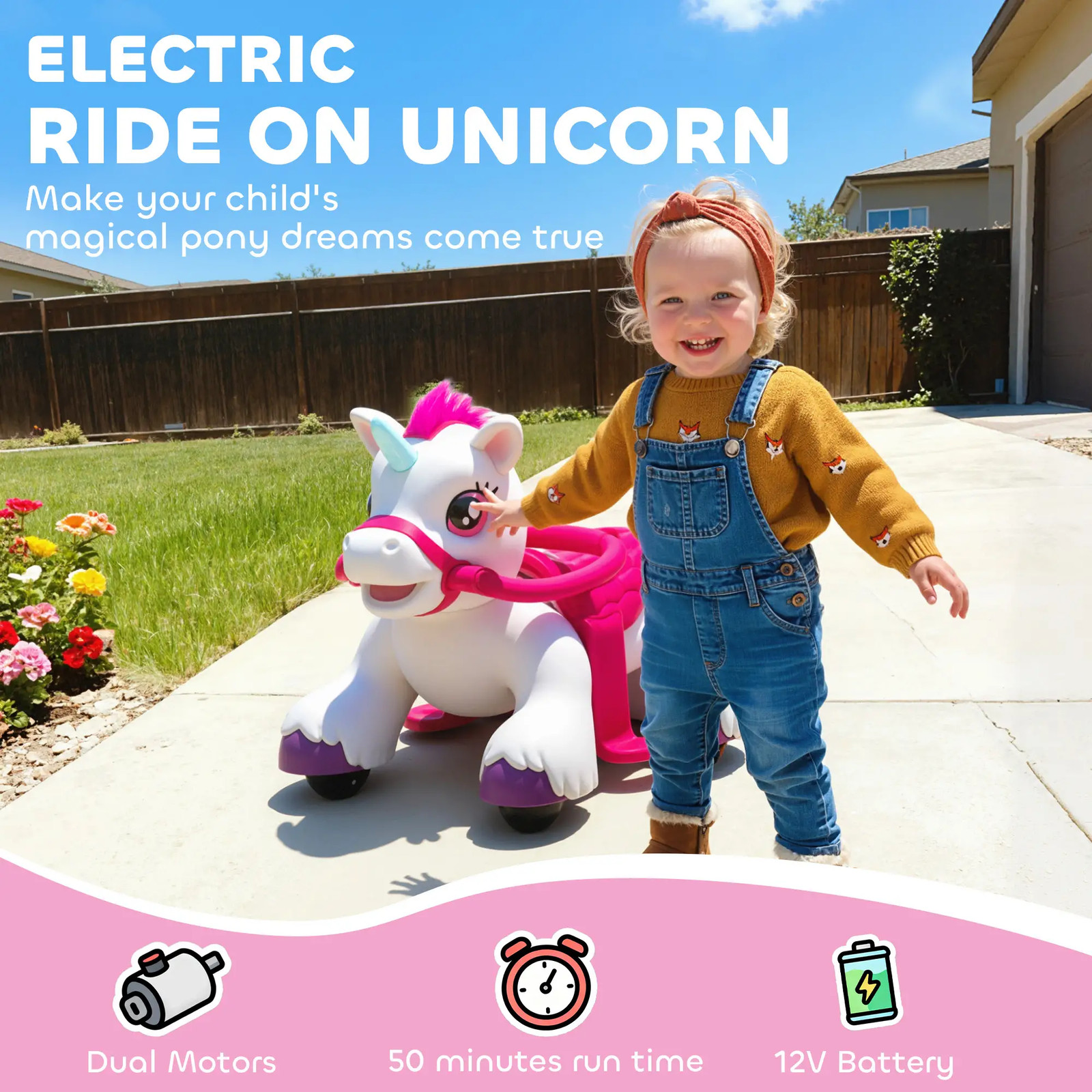 12V Electric Ride-On Unicorn Toy for Kids Toddlers with Lights Sounds