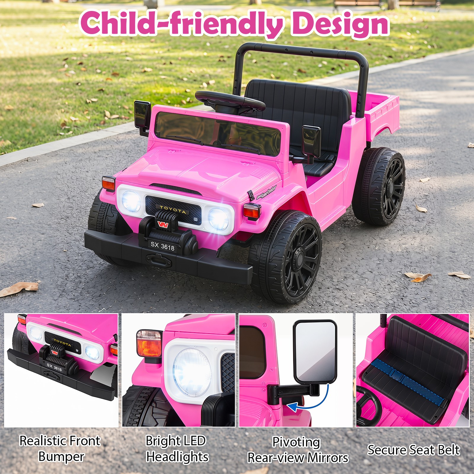 Licensed Toyota Ride On Truck w/Parent Remote Control, Spring Suspension, Light