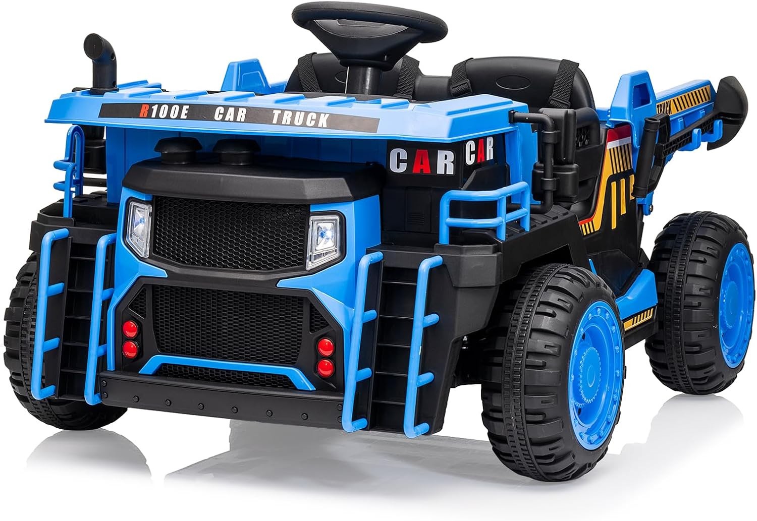 RC Kids Dump Truck in Blue + Auto Dump, LED Lights & Music, 2 Seats for Ages 3+