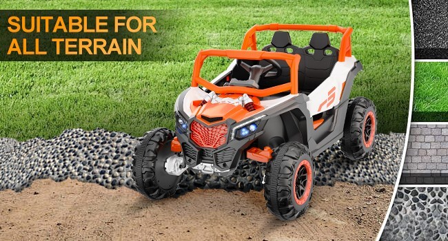 24V children’s ride with remote control, 2-seater toy UTV, Bluetooth, LED lights