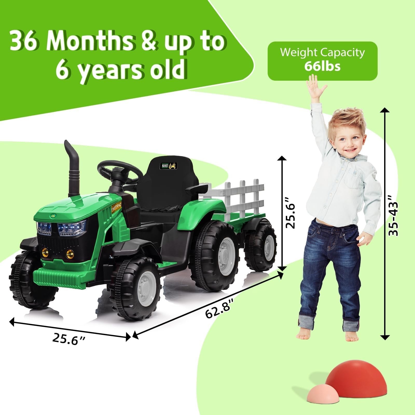 12V Kid Electric Tractor w/Trailer &Remote Control Music Gift 3-8Y Green Toy Car