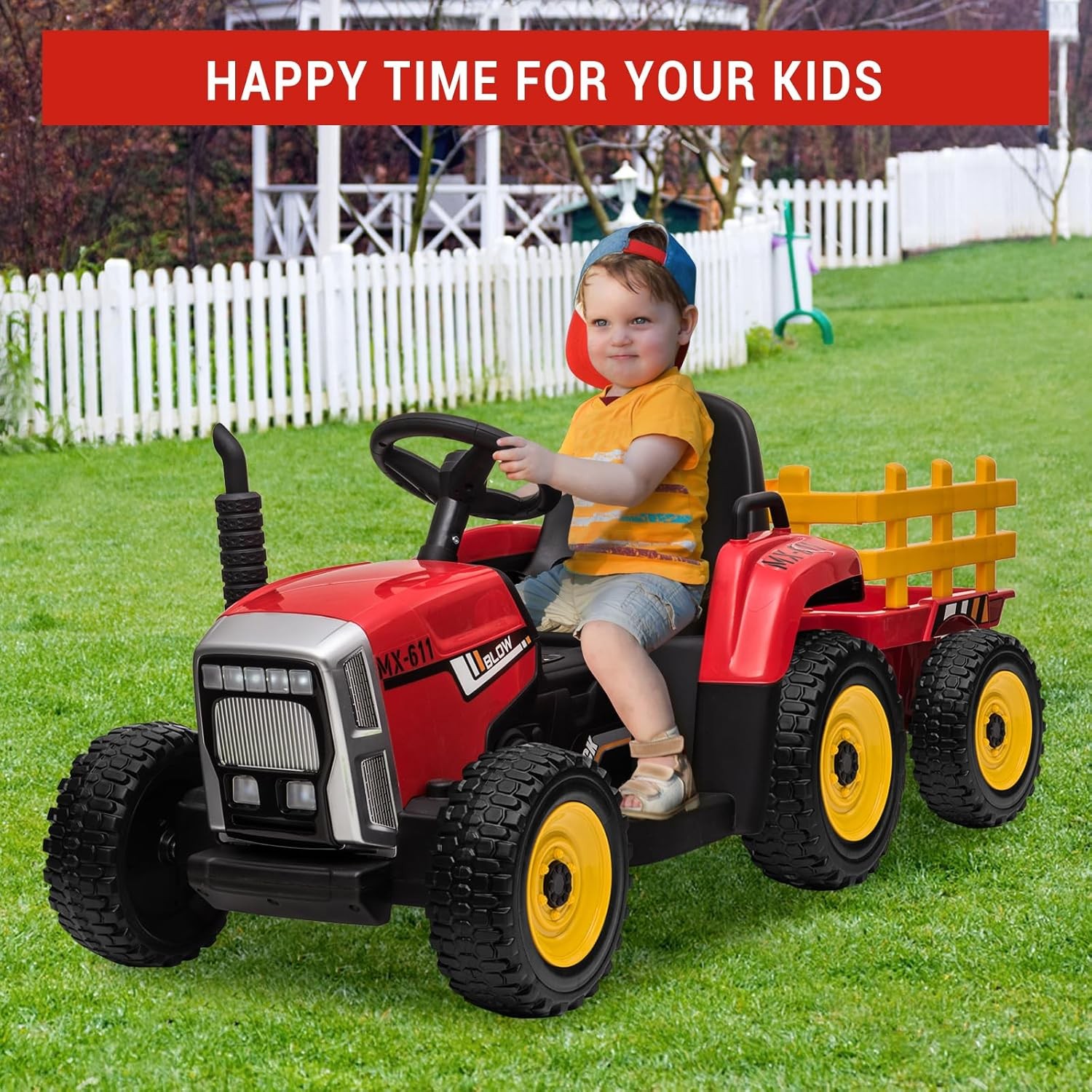 Extra-Large 12 volt Ride-On Tractor with Trailer & FM Radio for Kids Ages 3-7