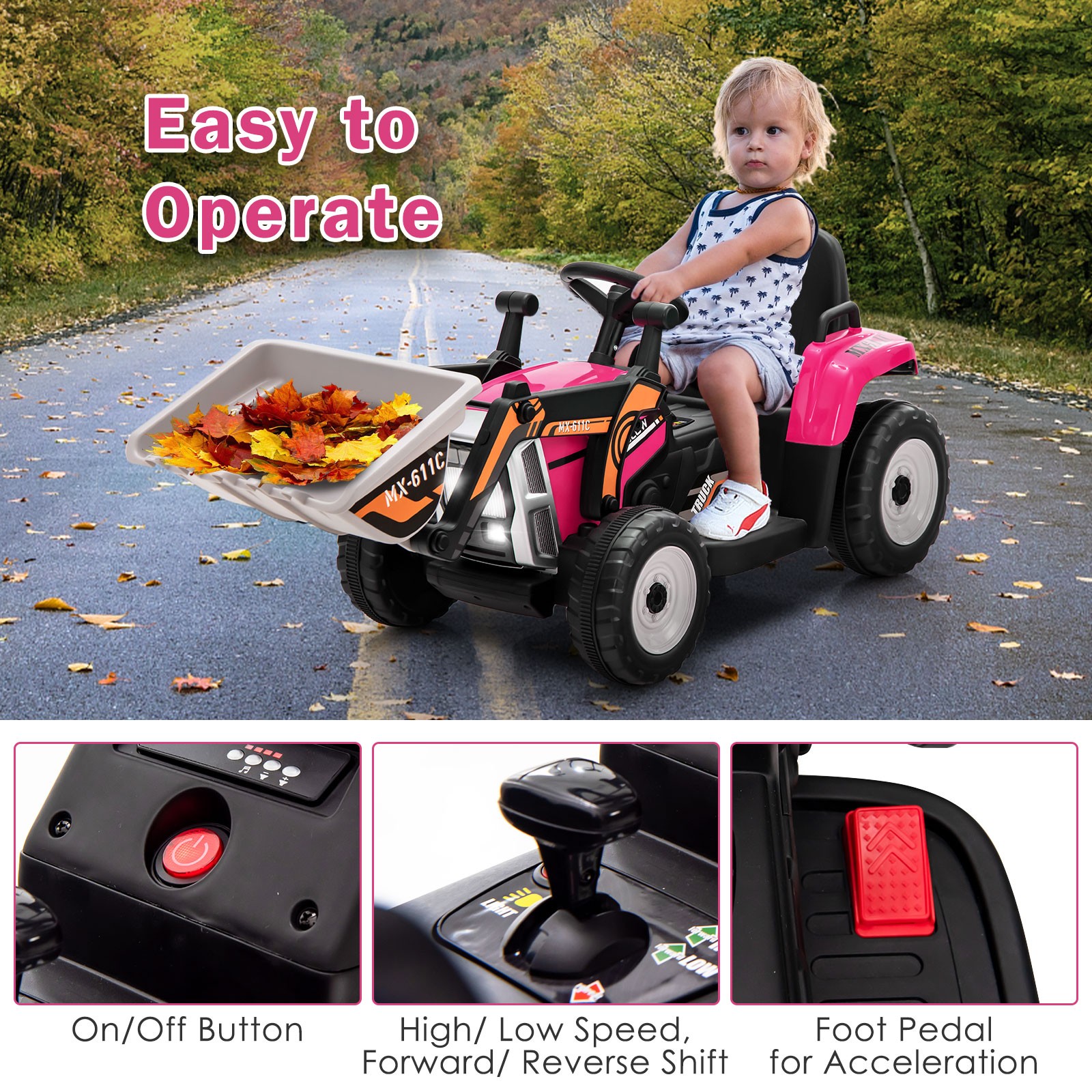 Kids Ride On Excavator Digger 12V Electric Tractor RC w/ Digging Bucket Pink