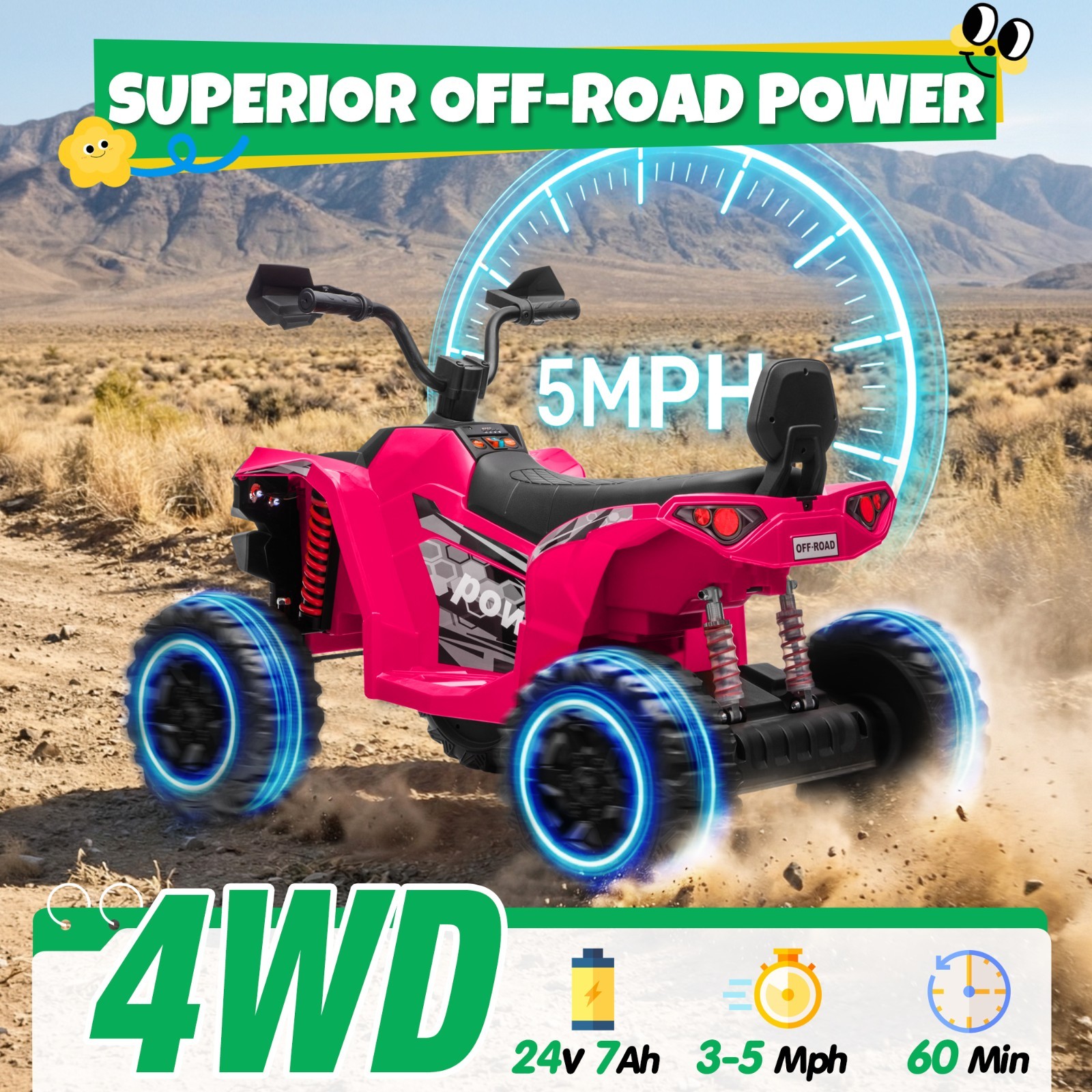 Joyracer 24V 4×4 2-Seater 4-Wheeler, 4 Motors, Shock Absorbers, Deep Tread Tires