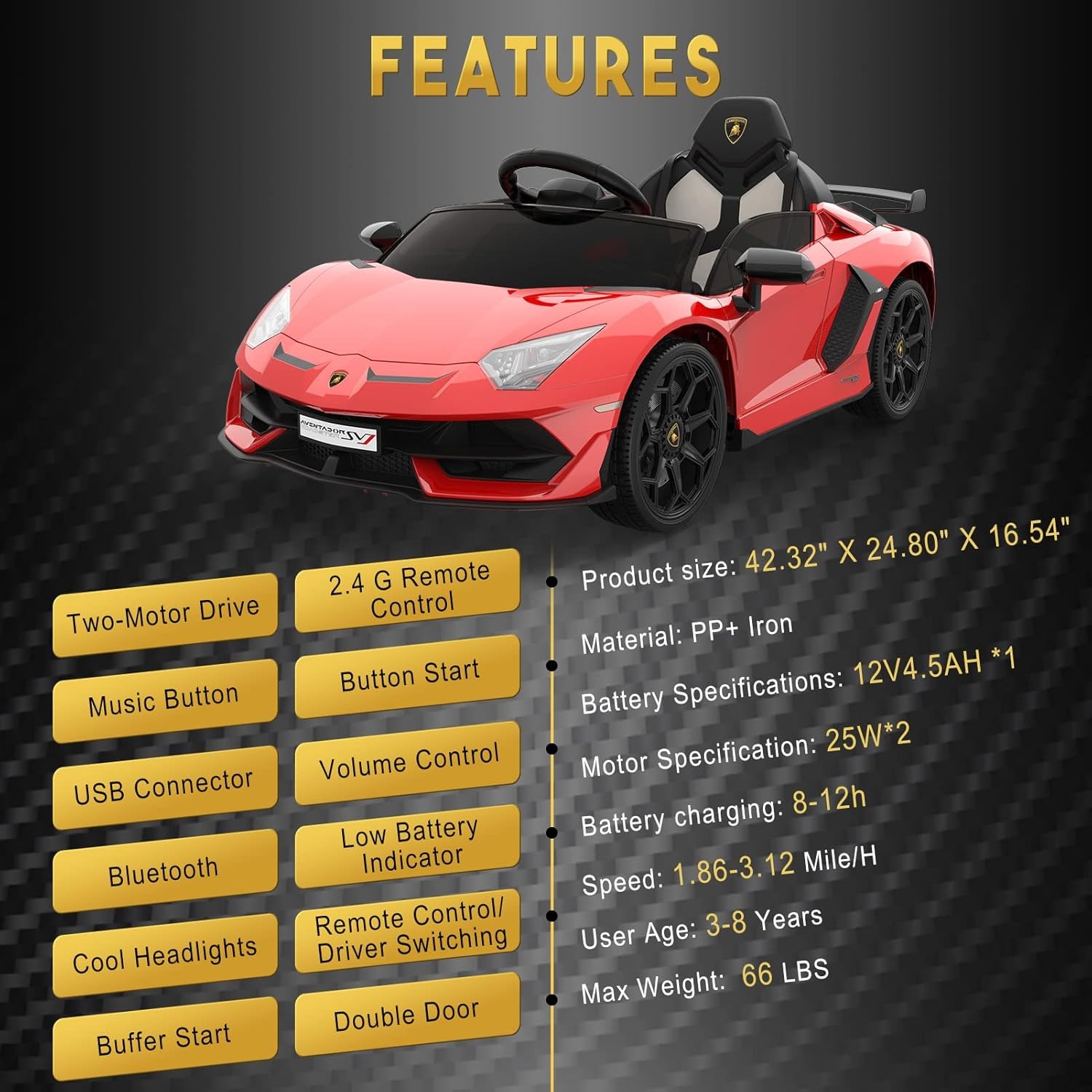 12V Ride On Car Land Rover Kids Electric Car Red with Remote Control Lamborghini