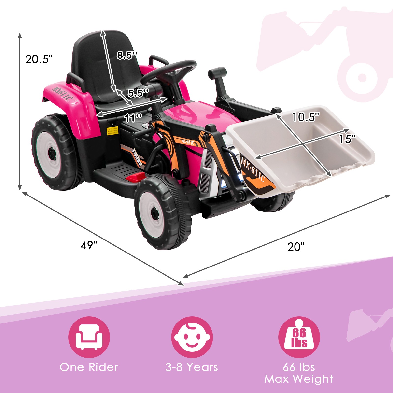Kids Ride On Excavator Digger 12V Electric Tractor RC w/ Digging Bucket Pink