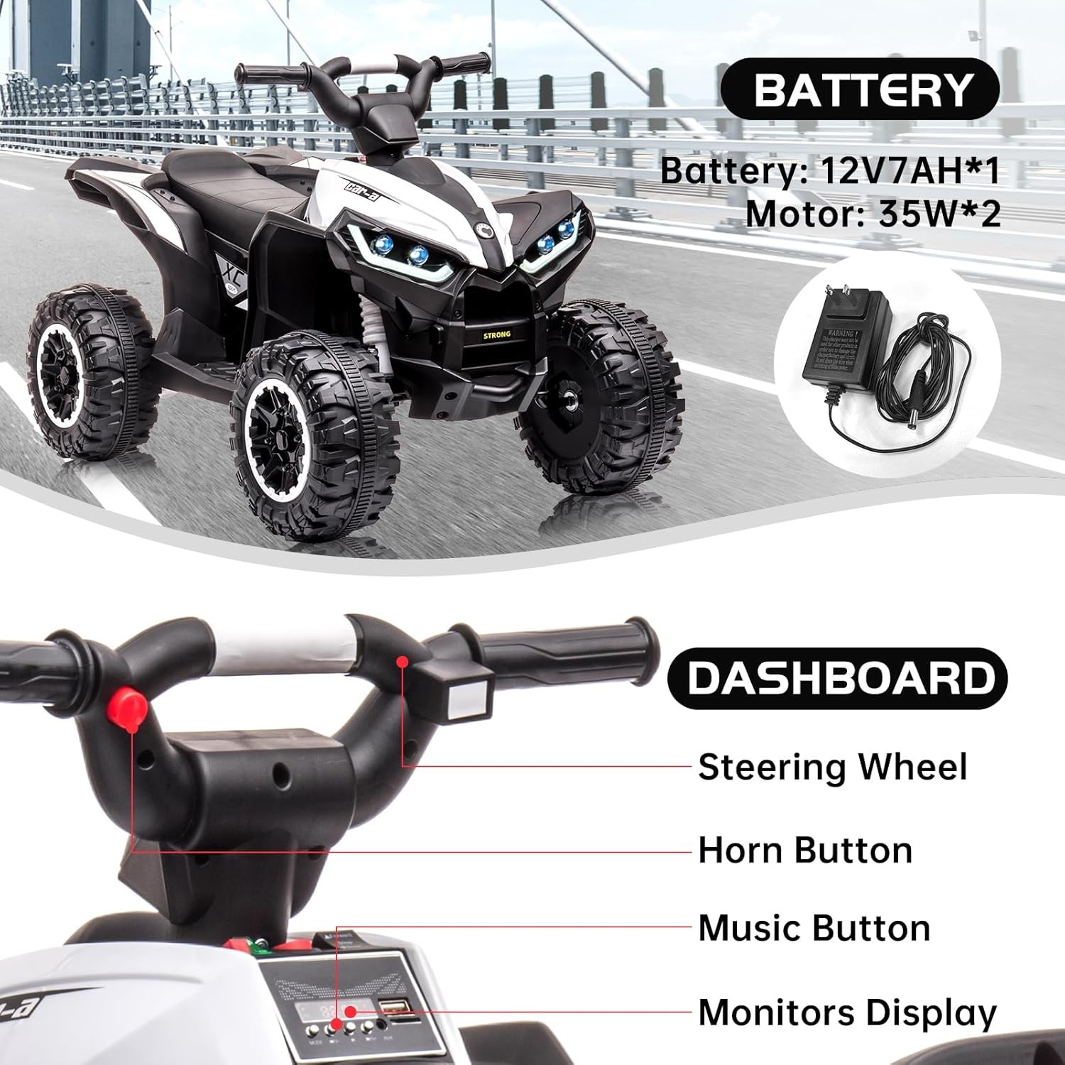 Kids 12V Electric Ride On ATV 4-Wheeler Toy Car with Music & Foot Pedal Quad