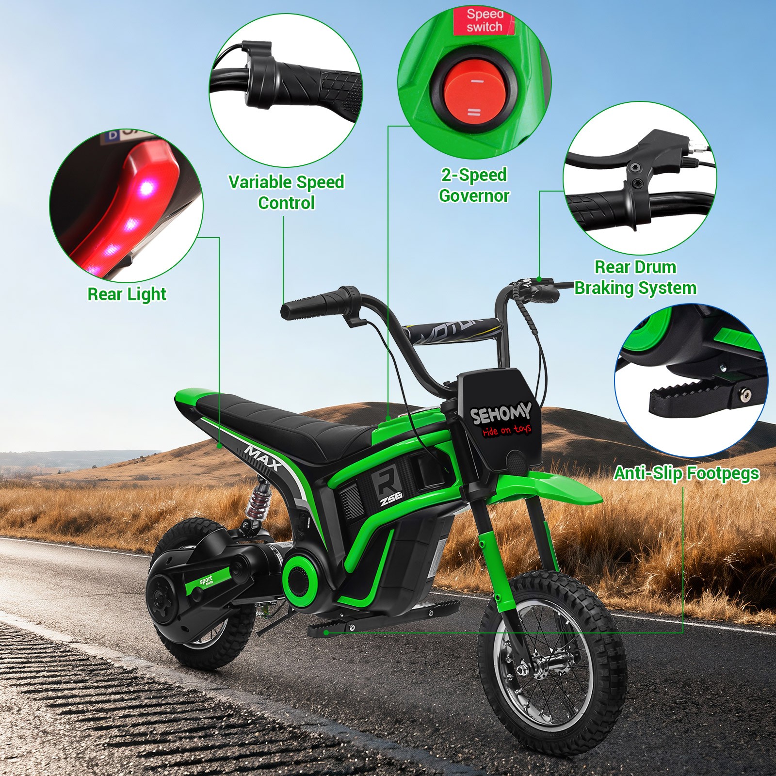 24V Electric Dirt Bike Safe Motorcycle 2 Speeds Up to 14.29MPH for 8-11Year Kids