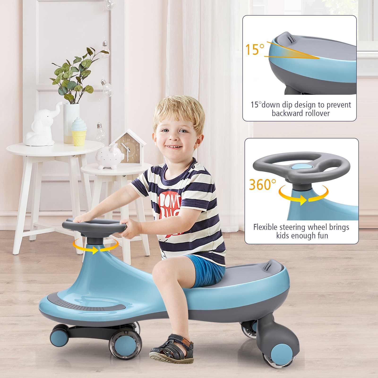 Babyjoy Wiggle Car Ride-on Toy w/ Flashing Wheels for Toddlers & Kids Blue