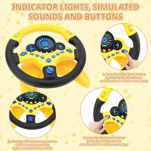 Kids Backseat Steering Wheel Toy with Lights & Music – Pretend Driving Gift (Yel
