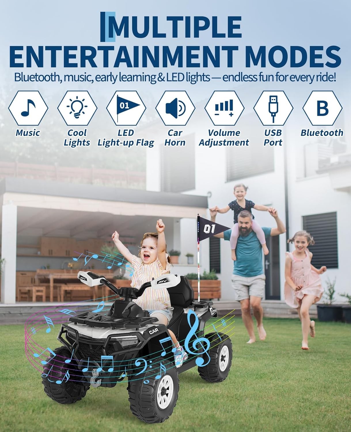 12V Kids Ride-On Electric Car w/ Remote, LED Lights, Built-in Music, Dual Motors