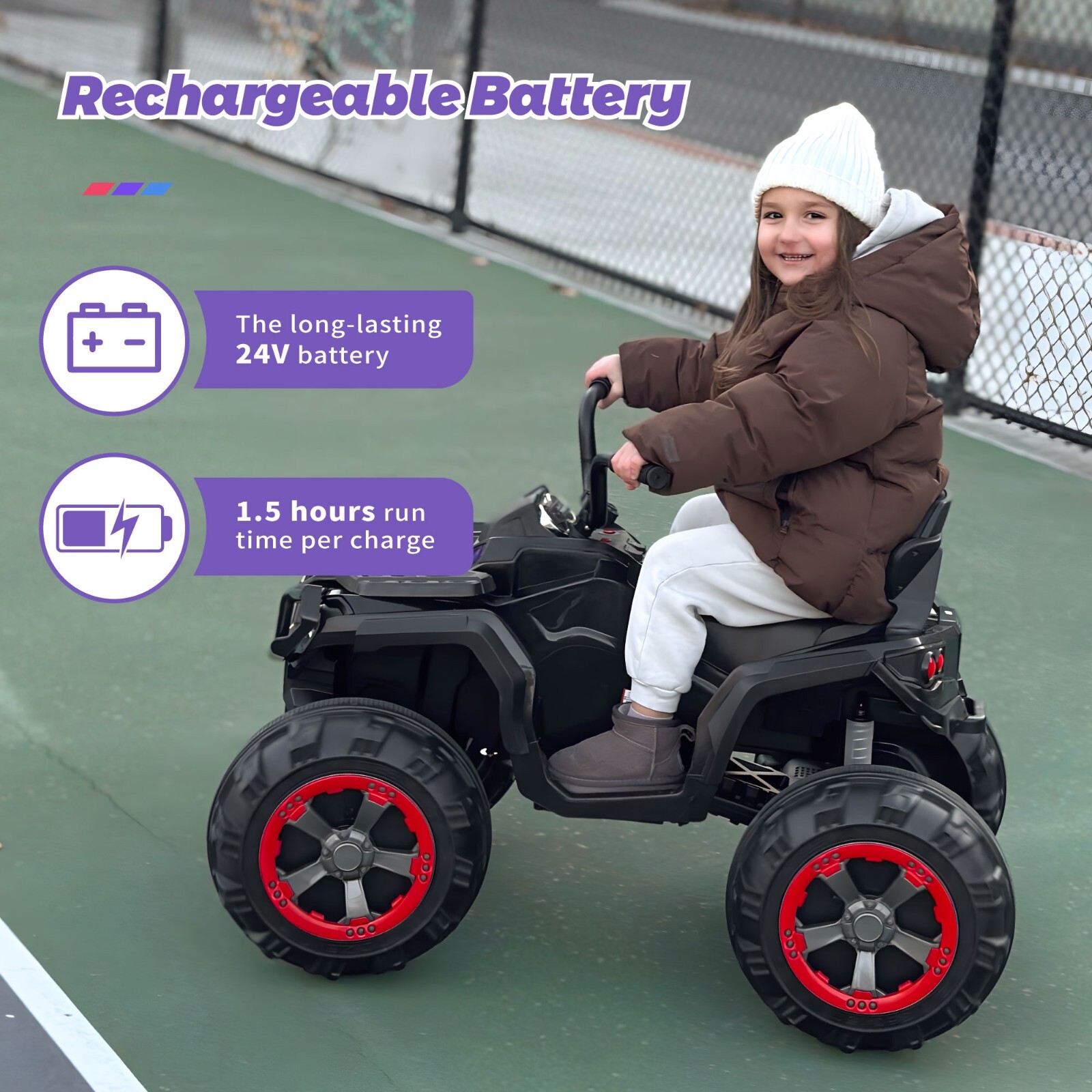 24V Kids Ride on Toy 4 Wheeler Quad Car 6mph Top Speed with Low&High Speed Black
