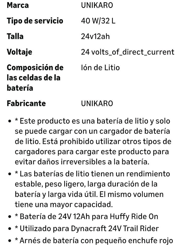 Bateria de Ion 24V 12Ah con cargador para Dynacraft 24V Trail Rider 24 voltios