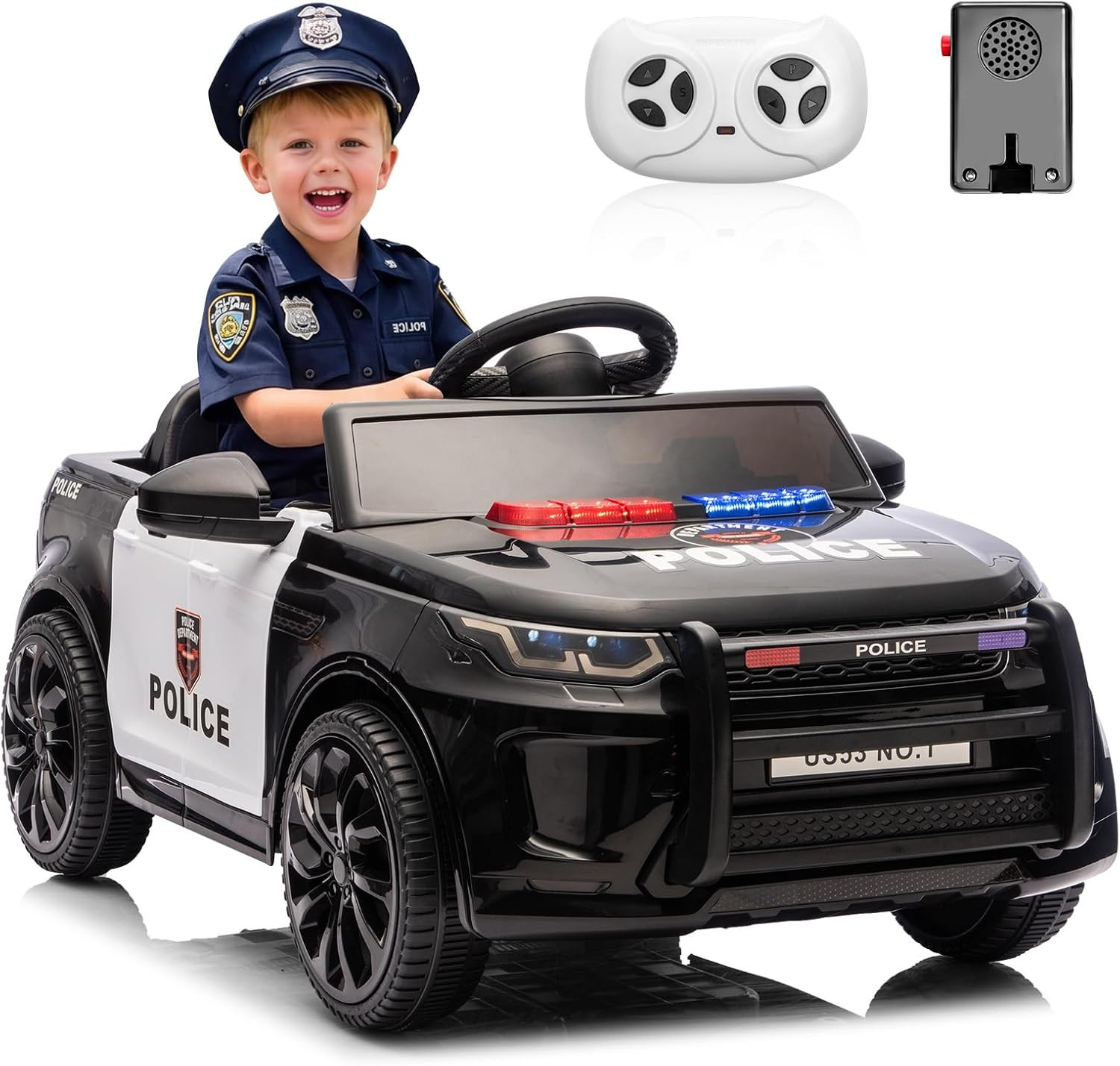12V Police Car Ride on Electric Car for Kids, Battery Powered Ride-On Toys with