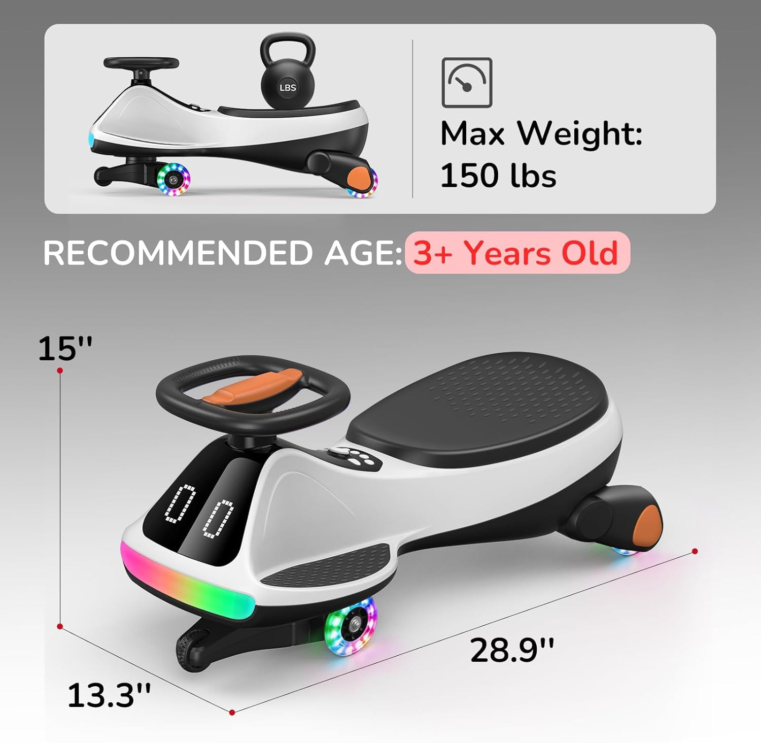 12V Electric Wiggle Car for Kids with Pedal, Display, Rechargeable Battery, LED