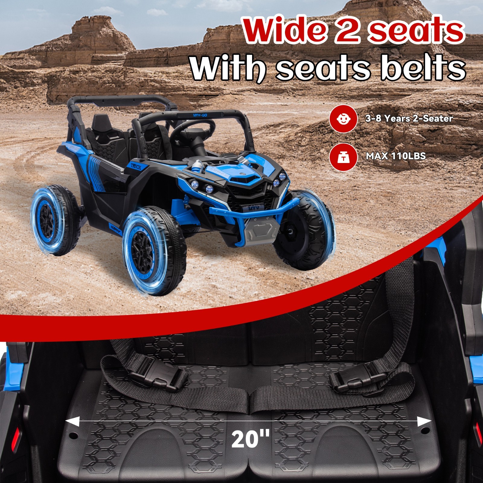 24V Ride on Electric Car for Big Kids 2 Seater UTV Off-Road Toys w/Remote, Blue