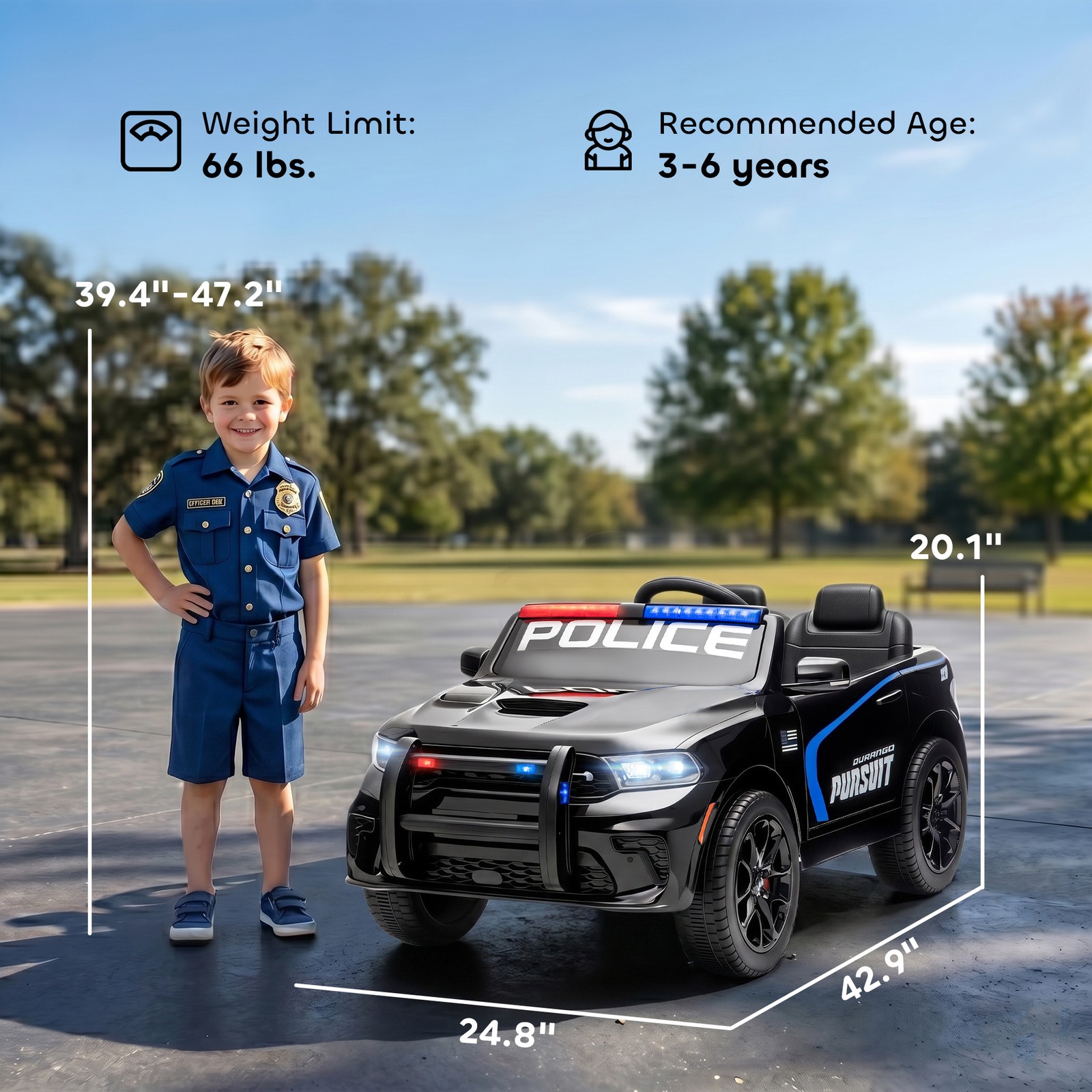 Qaba 12V Licensed Dodge Ride On Police Car with 2 Seater for Age 3-6, Black