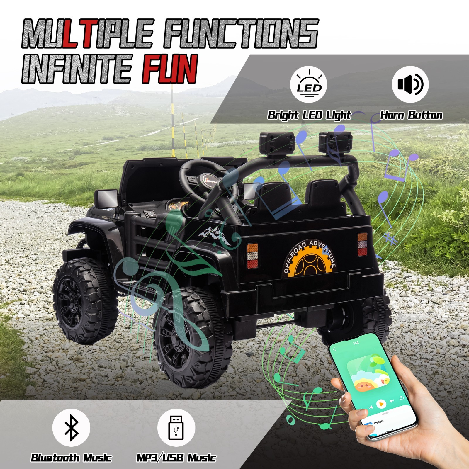 12V Ride On Toys Electric Car for Kids w/Remote, LED,Battery Powered Truck,Black