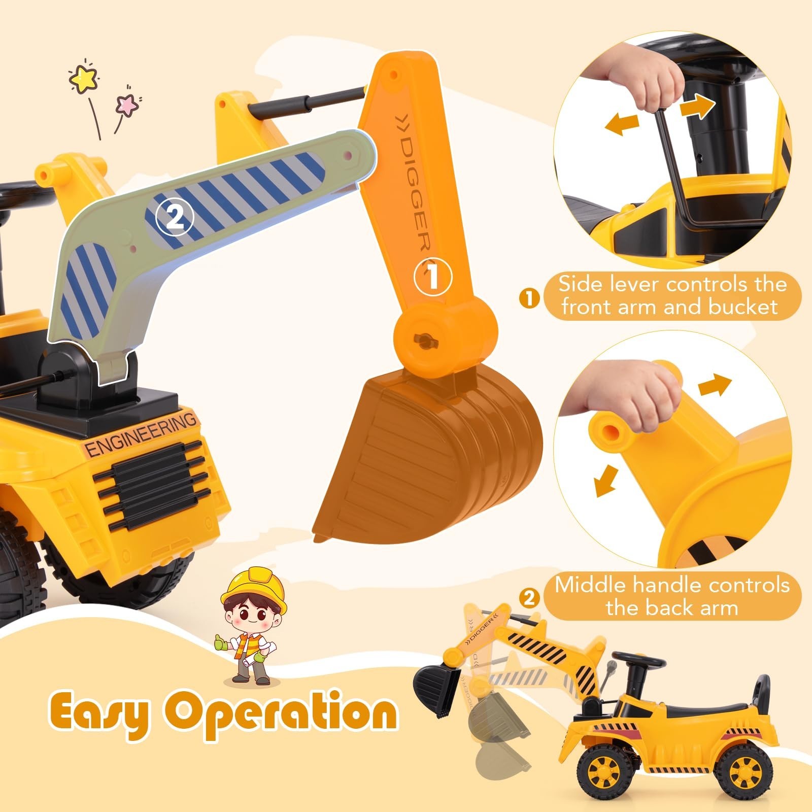 Kids Ride-On Excavator Digger Truck Toy with Working Shovel & Engine Sound
