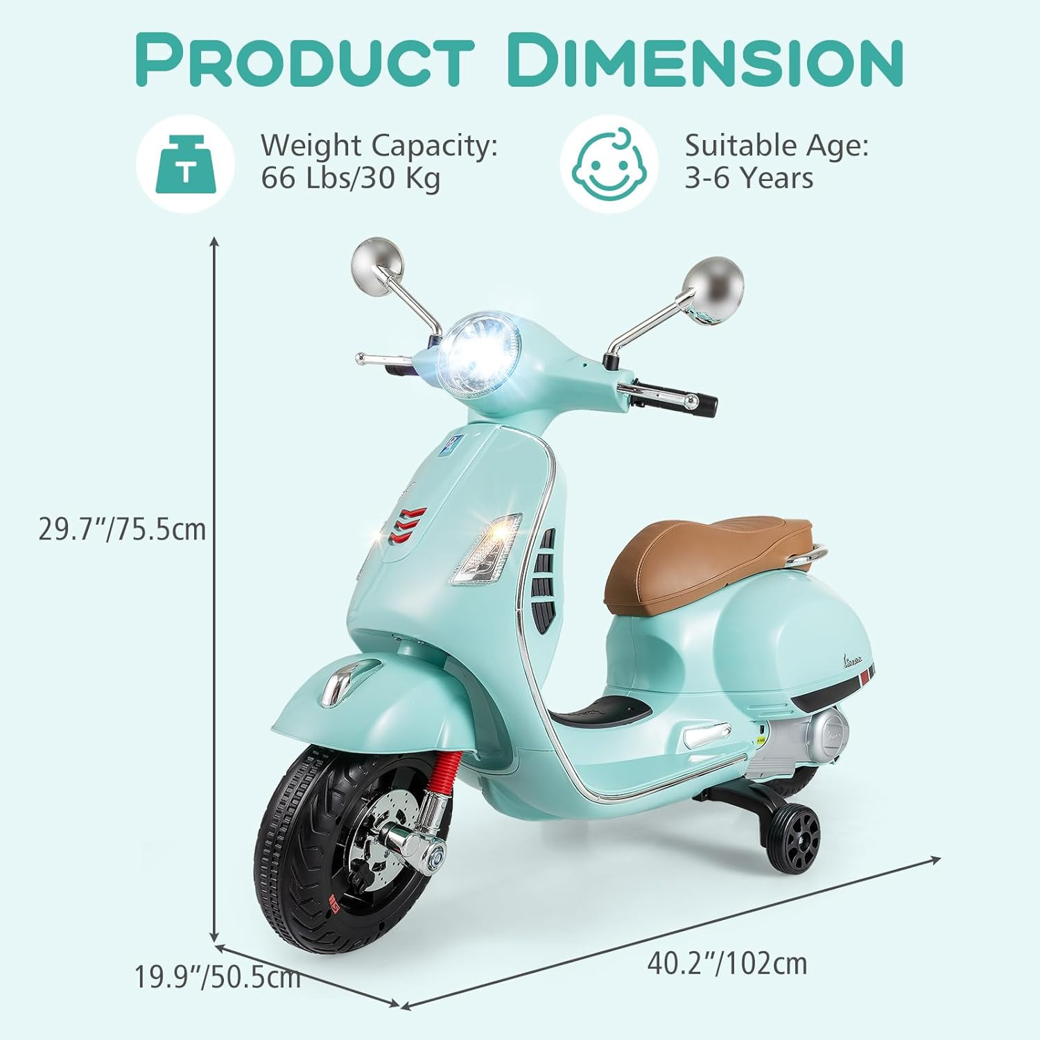 Licensed Vespa 12V Kids Motorcycle by with Training Wheels, Music, Story, Horn,