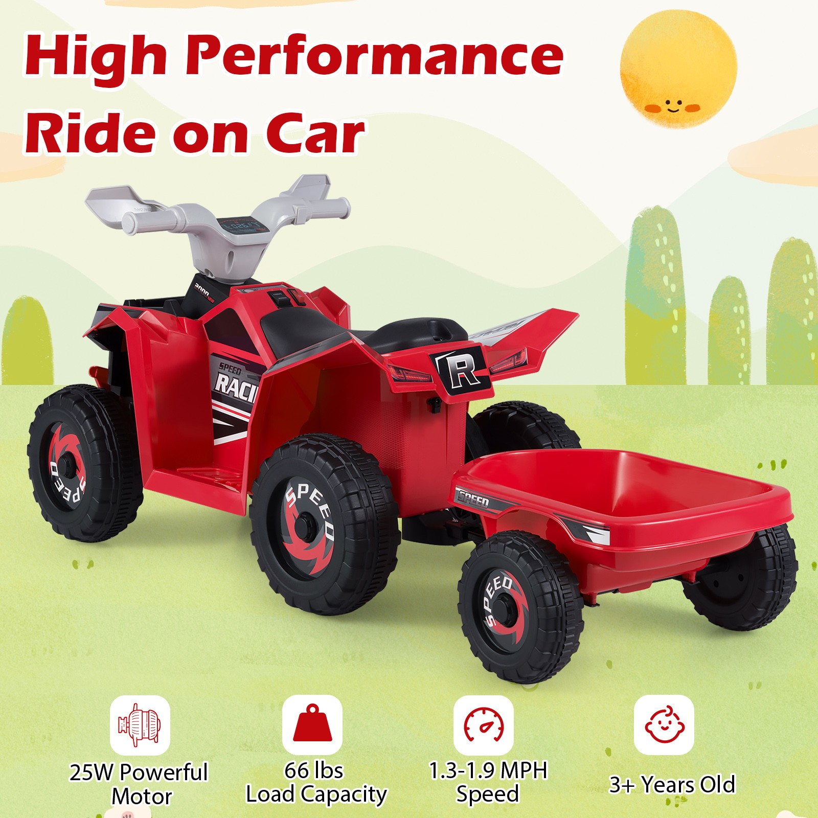 Kids Electric ATV Car, 6V Battery-Powered Ride on Toy w/Removable Back Trailer