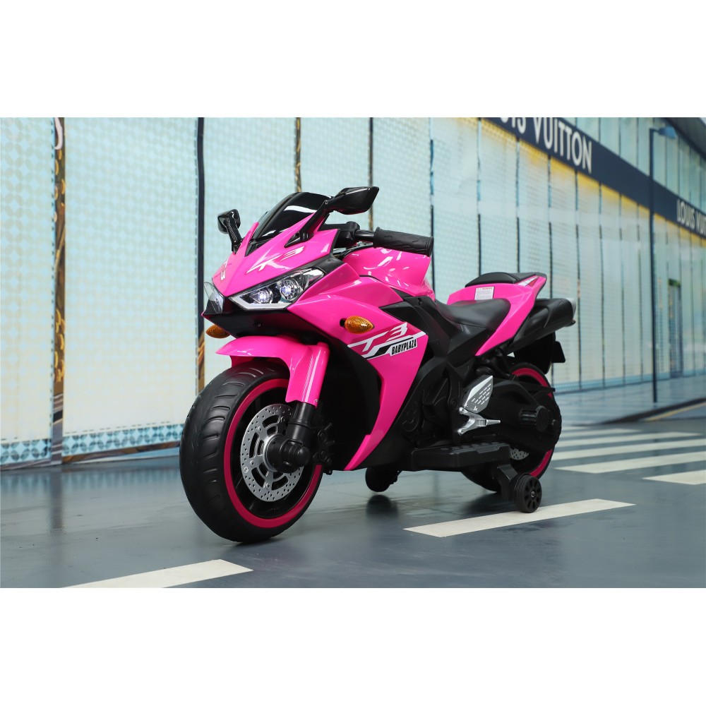 Light Up Wheels 12V Kids Ride On Motorcycle with Training Wheels & Hand Control