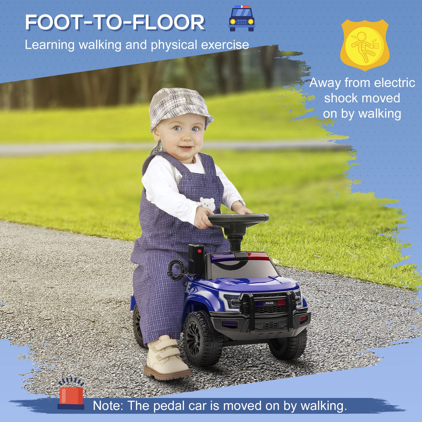 Kids Push Ride On Police Car W/ Horn, for 18 Months – 5 Years Old, Blue