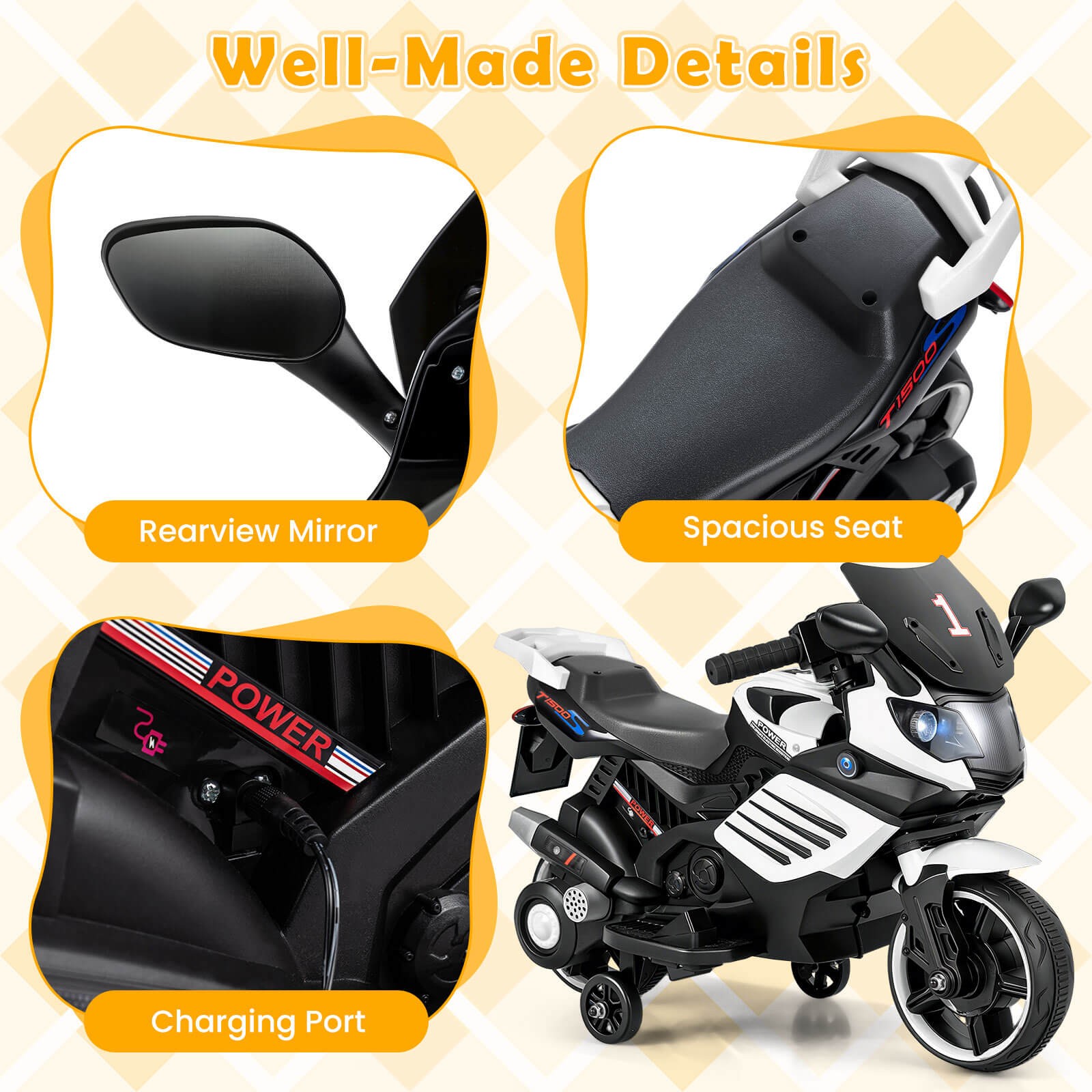 6V Kids Motorcycle w/Music, Horn, Detachable Training Wheels & LED Headlights
