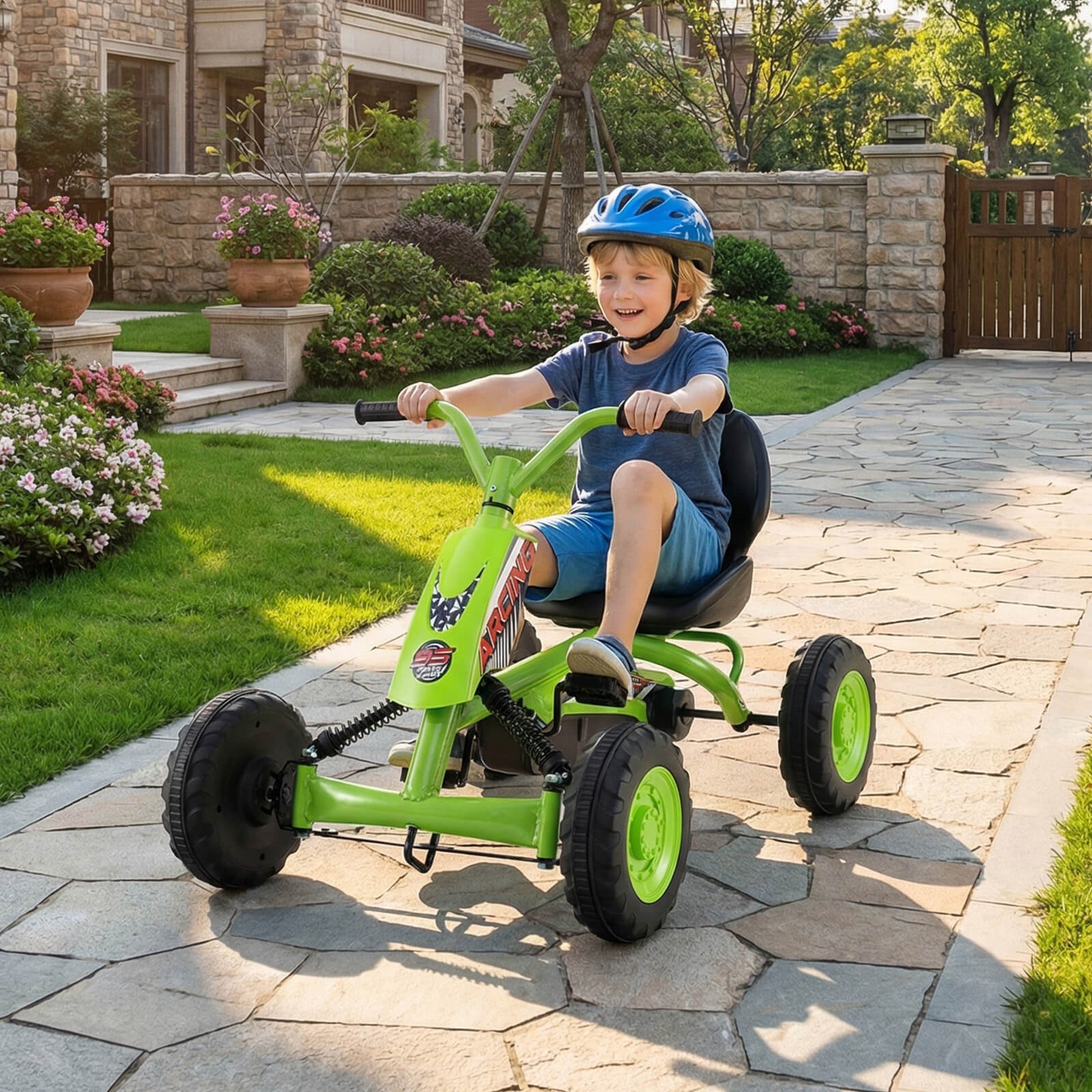 Go Kart for Kids 4 Wheel Toddler Ride On Pedal Car w/ Steering Handlebars