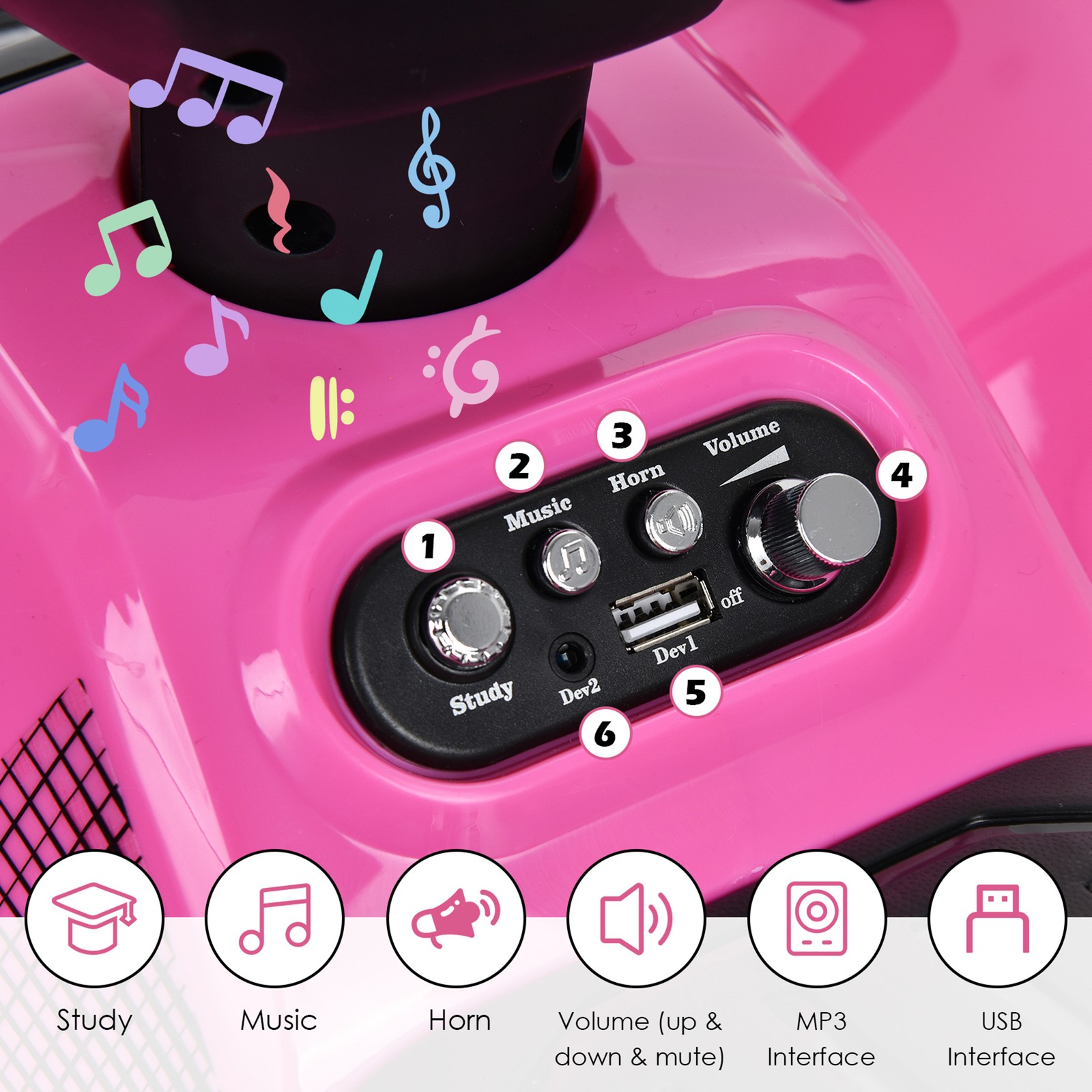 6V 4 Wheels ATV Quad Ride On Car Kids Ride-On Toy w/ Music Horn LED Light Pink