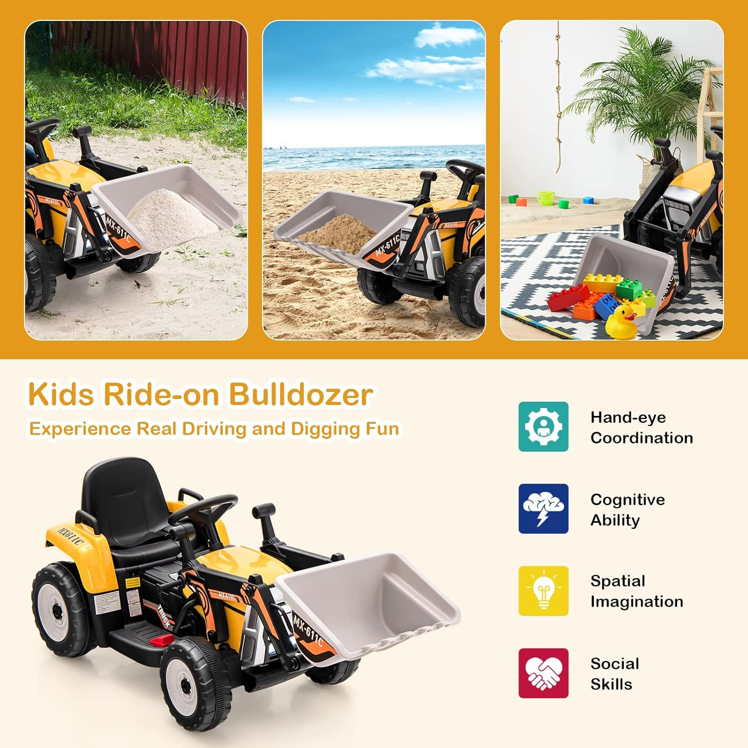 Ride on Excavator, 12V Kids Bulldozer Ride on Car W/Remote Control, Electric Con