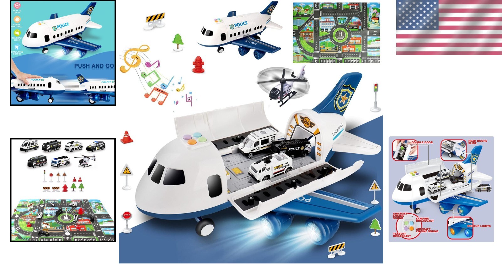 20-Piece Police Toy Airplane – Friction Powered, Metal Cars, Play Mat