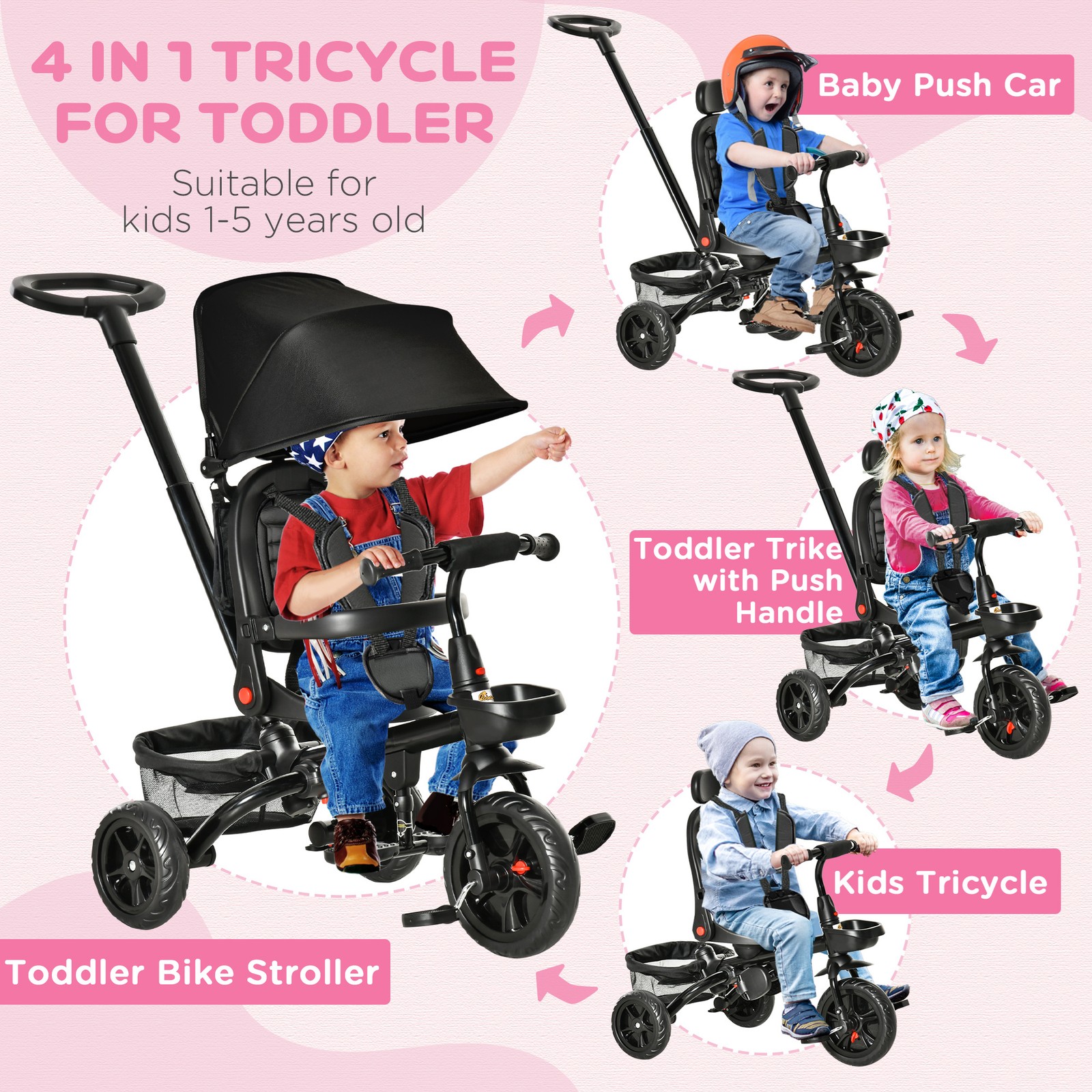 4 in 1 Adjustable Baby Tricycle w/ Removable Handle, Brake, Cover