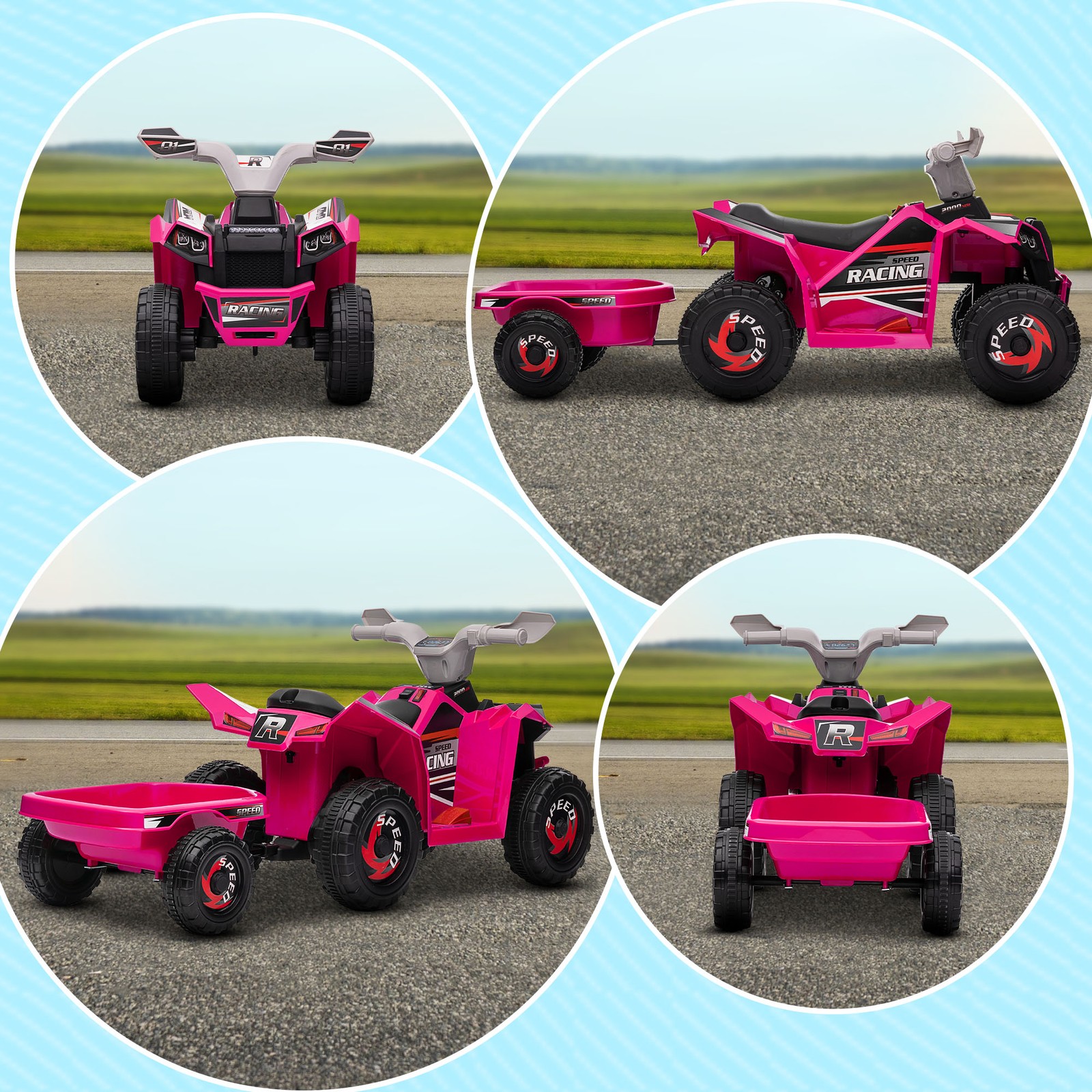 6V Kids ATV Quad Car with Back Trailer, Forward Backward Pink