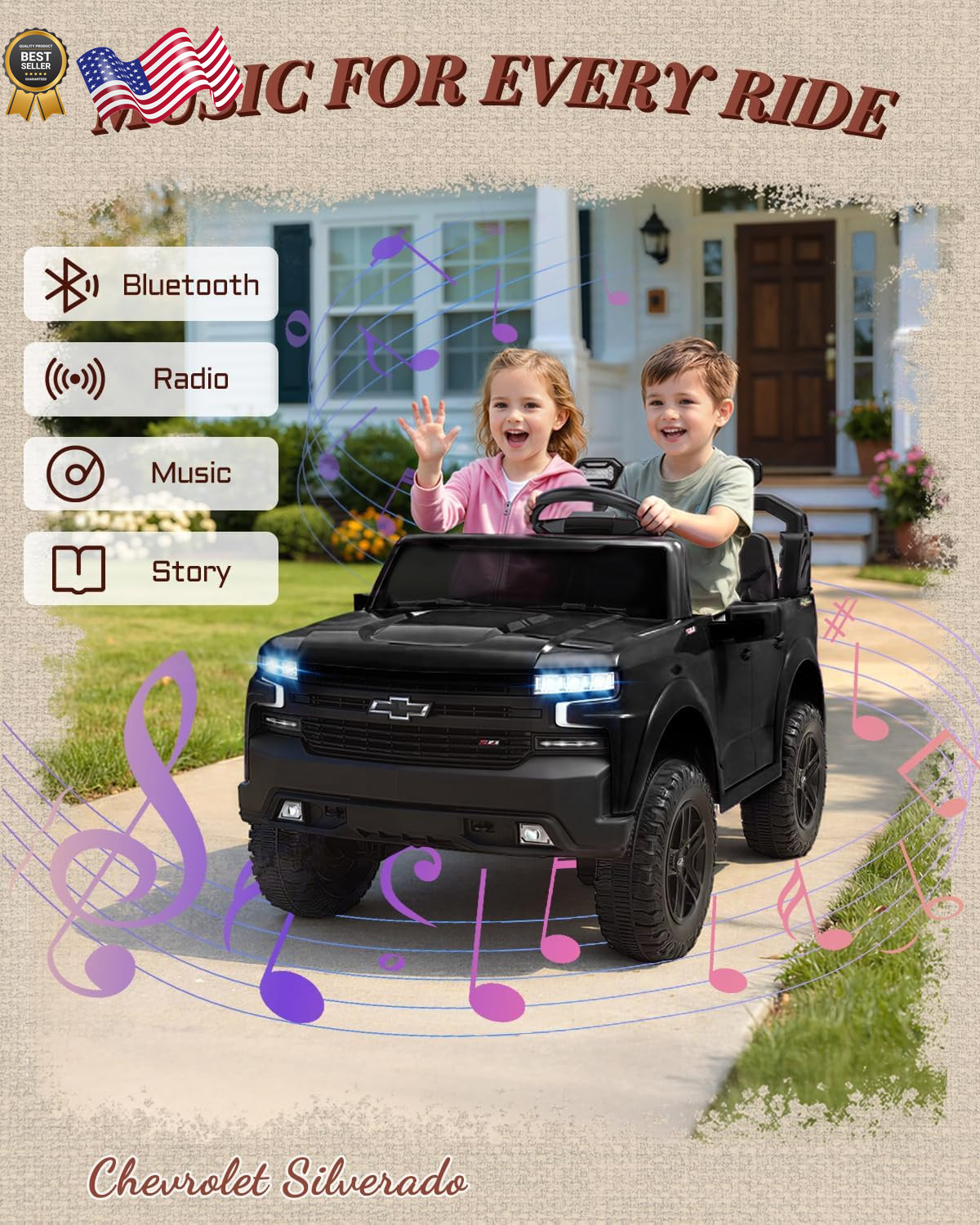 24V 2 Seater Ride on Toys Licensed Chevrolet Silverado, Electric Vehicle with Re