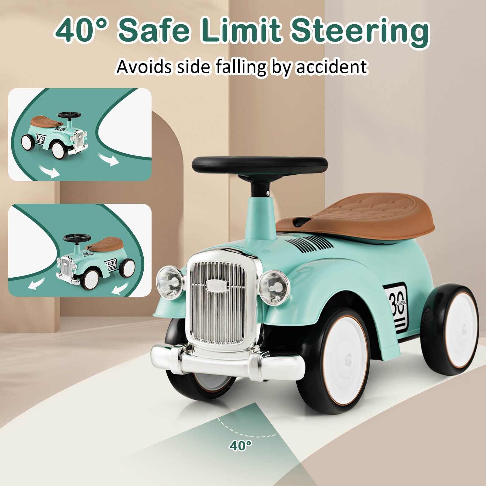 Retro Kids Ride-on Toy w/ Working Steering Wheel, Storage Space, DIY Stickers