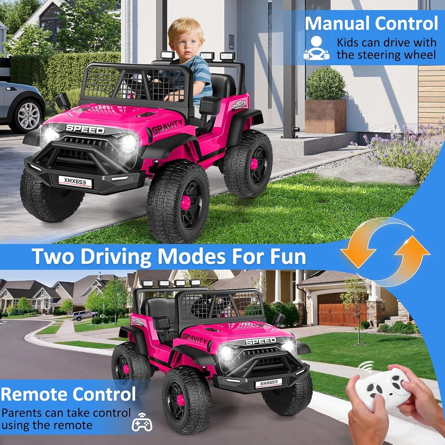 24V Kids Ride on Car with Remote Control LED Lights, 3 Speeds Electric Car Gift