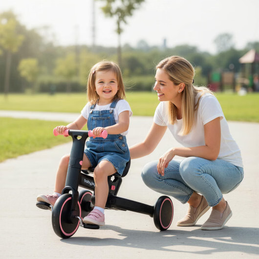 4-in-1 Foldable Toddler Tricycle with Push Handle with Adjustable Seat-Pink – Co