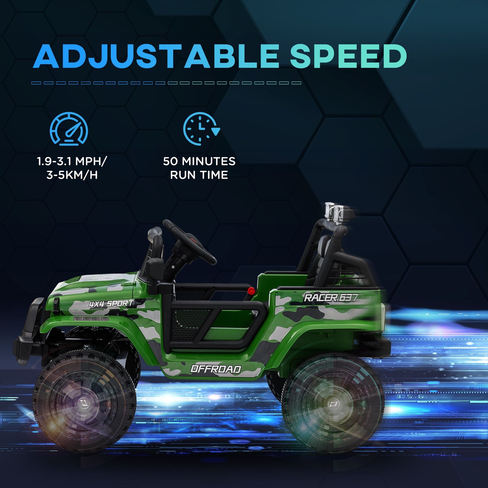 12V Electric Car with Realistic Features 3 Speeds Run Time 50Min Green